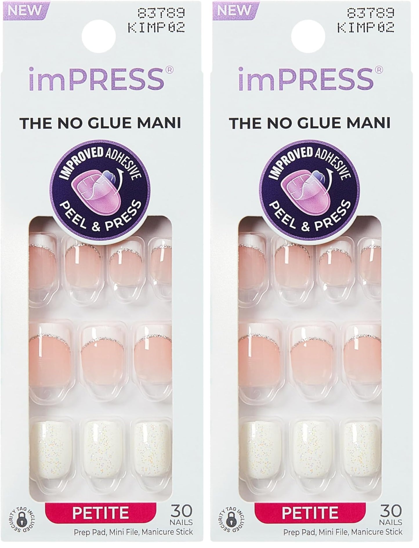 KISS imPRESS No Glue Mani Press On Nails, Design, 'Mini Me', White, Petite Size, Squoval Shape, Includes 30 Nails, Prep Pad, Instructions Sheet, 1 Manicure Stick, 1 Mini File (Pack of 2)