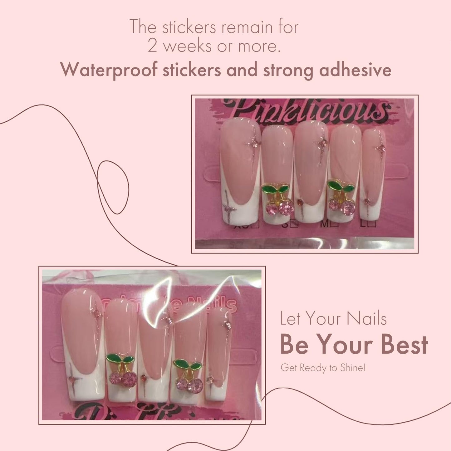 Pinktlicious Pink French Tip Press On Nails - Long Coffin Reusable False Nails with Cherry Rhinestones, Glue-On Artificial Nails for Women’s Daily & Party Manicure (L)
