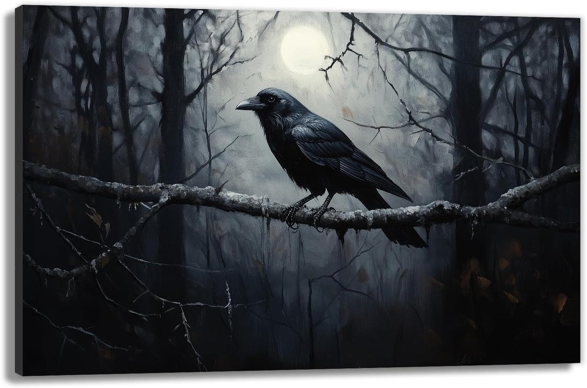 OAAPITI Crow Canvas Wall Art Black Crow Stand On The Branch Picture Print Moonlit Night Poster Vintage Forest Landscape Painting Artwork Living Room Halloween Decor(Artwork-1,12"x18")