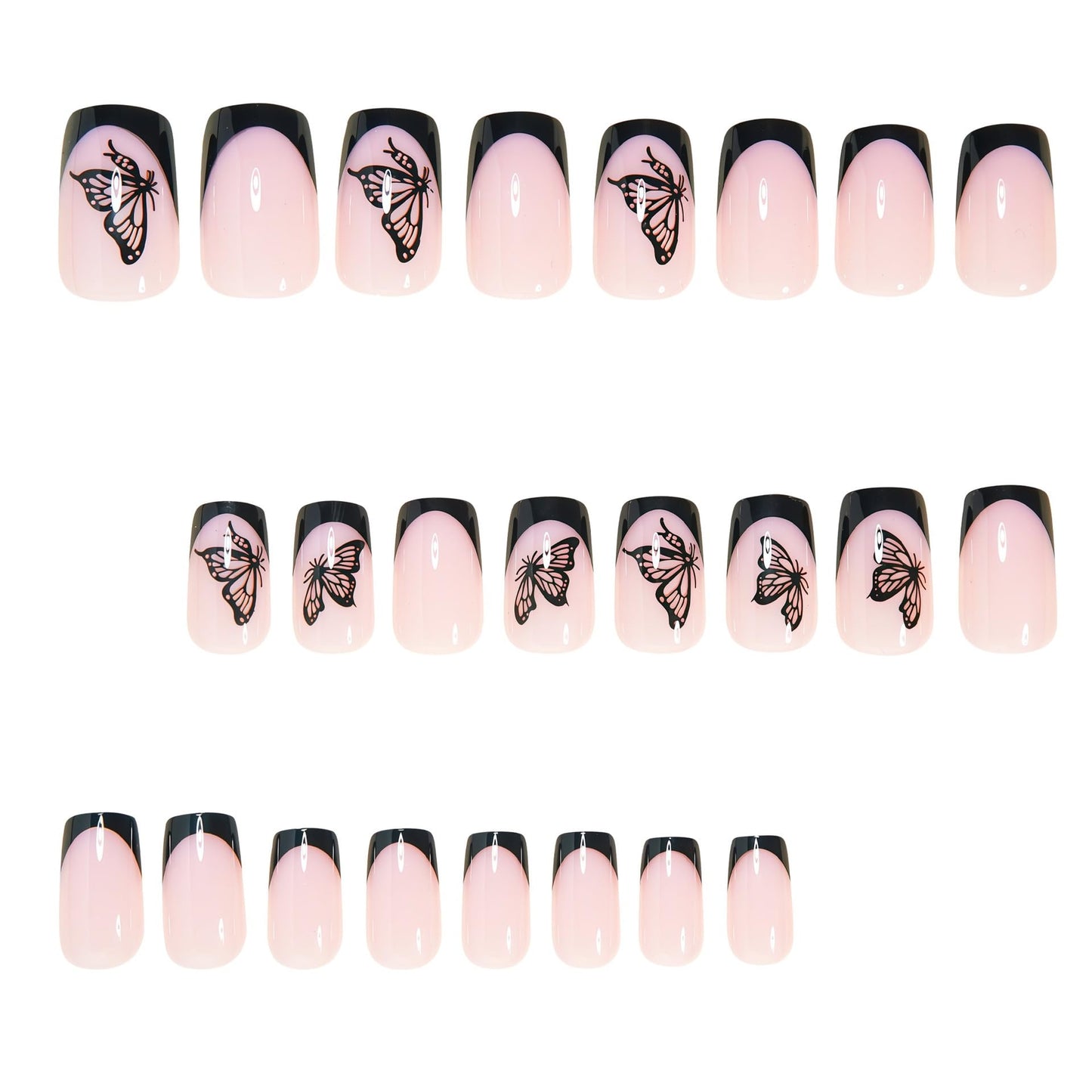 CTTHNBD Press on Nails Medium - Square Fake Nails with Butterfly Design - Black French Tip False Nails Press ons - for Women 24 Pcs