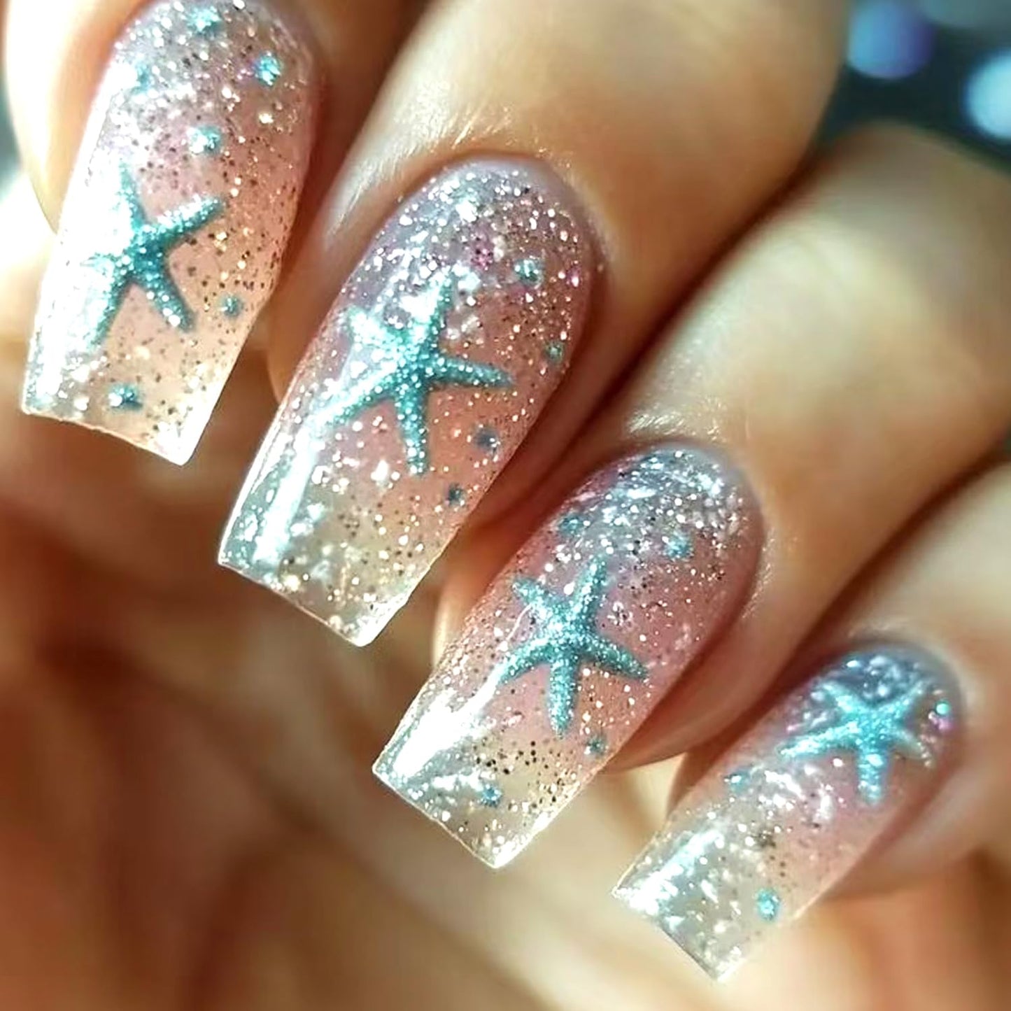 LOPMNGHT Press on Nails Medium Square Nails Artificial Acrylic Fake Nail Light Blue Starfish with Glitter Powder Design Glossy Stick on Nail Full Cover Reusable Coffin Fingernails for Women 24Pcs