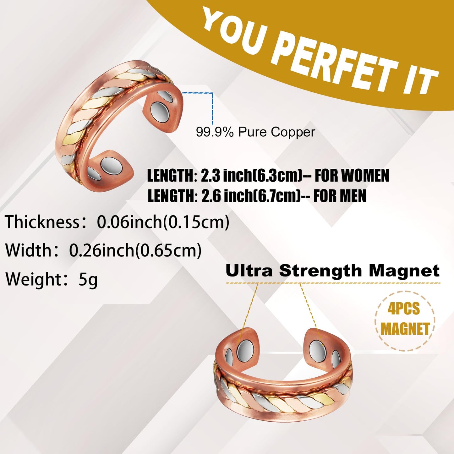 MagVIVACE Copper Rings for Men Women, Magnetic Ring, Tricolor Gold 99.9% Solid Copper Couples Megnetfield Ring with Magnet (2.3''+2.6'')