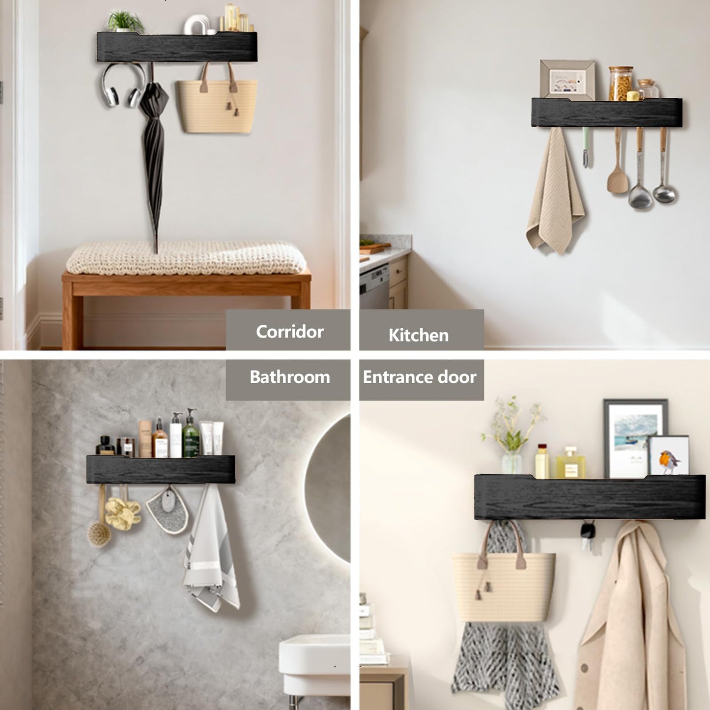 VERASCOT Wall Mounted Coat Rack with Shelf, Wooden Entryway Organizer with Hidden Metal Hooks for Hanging Coats Bags Keys, Modern Floating Shelf for Hallway Bathroom