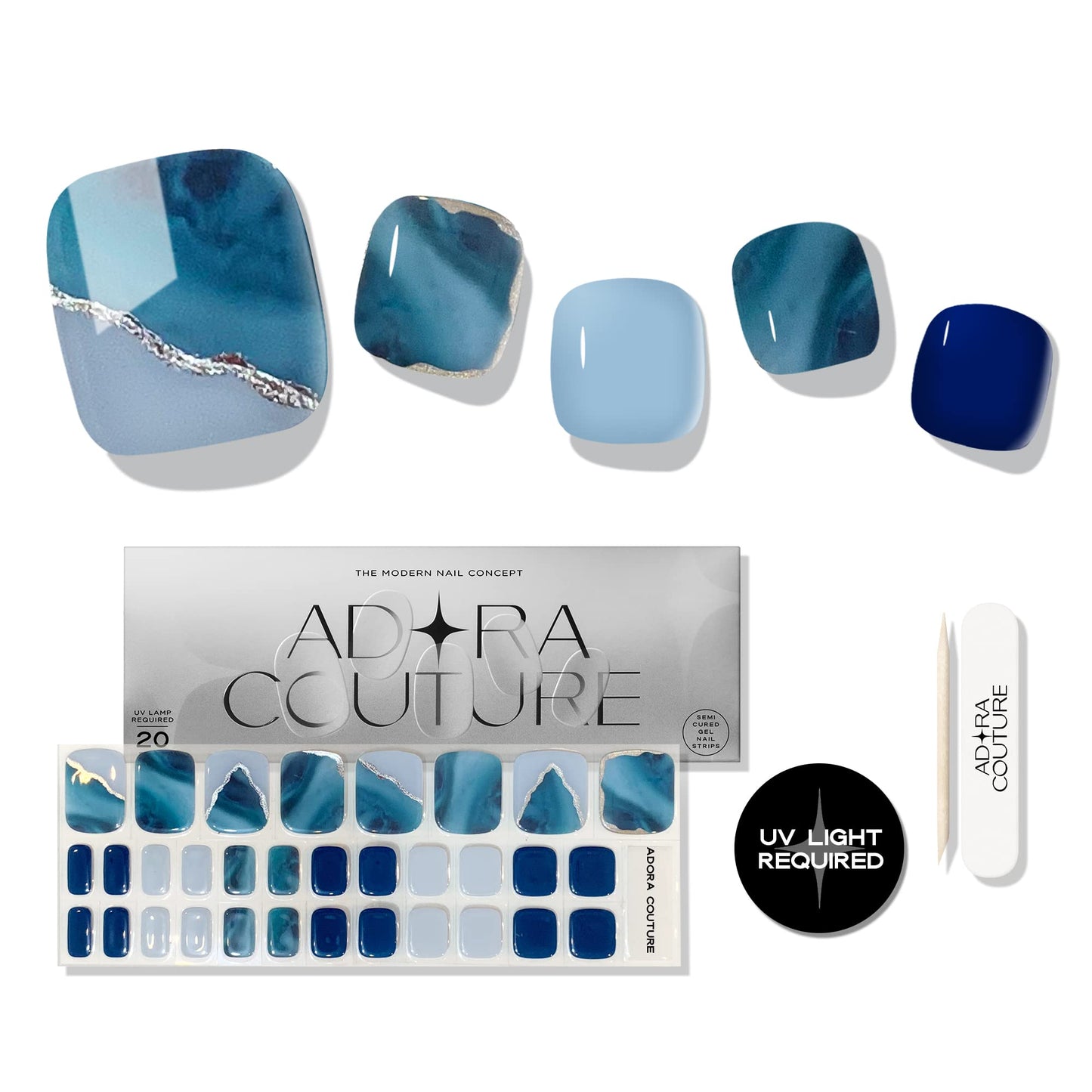 Adora Couture Semi Cured Gel Nail Strips - 32 pcs Gel Pedicure Stickers, Easy to Apply & Remove Toenail Stickers, Salon Quality At Home & Long Lasting - UV Nail Lamp Required - Blue Ocean P