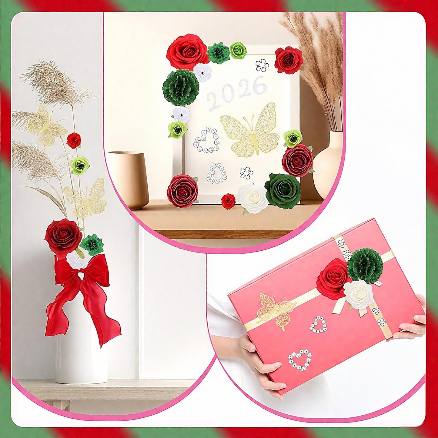 Jollyboom Graduation Cap Decorations Kit Red Green, 2026 Graduation Cap Decorations Mexican Cap Topper DIY Craft Flowers Butterfly Stickers Red Bow Trim Gold 2026 Pendant for Graduation Cap DIY