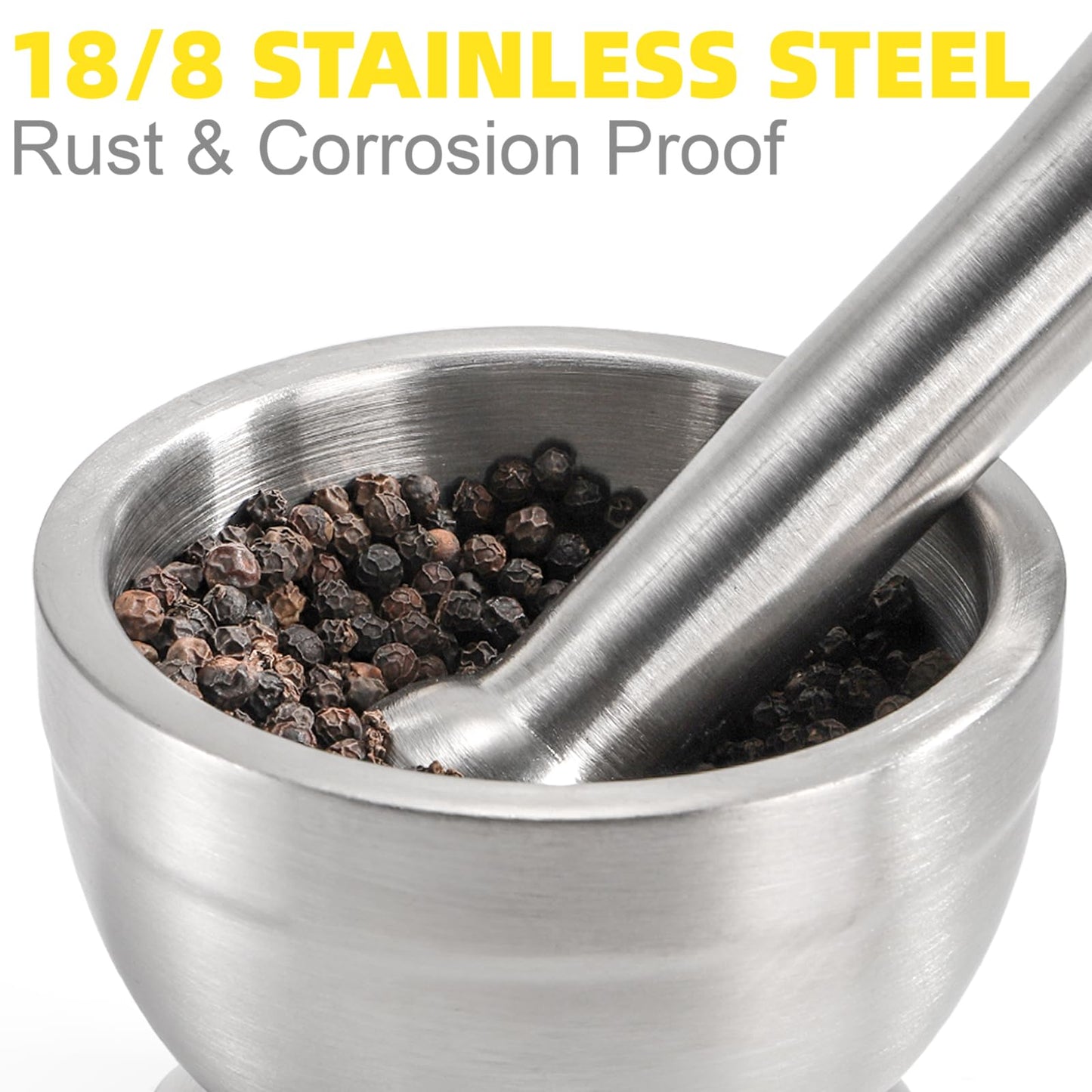 Bekith Mortar and Pestle Sets 18/8 Brushed Stainless Steel Spice Grinder Pill Crusher Molcajete Herb Bowl