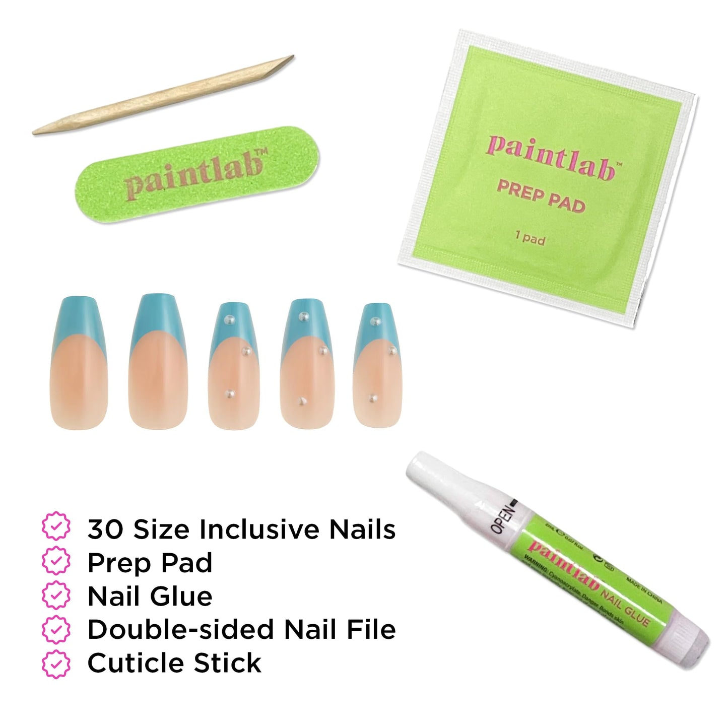 PaintLab Press On Nails - Blue Moonlit Periwinkle 3D Pearl Coffin Fake Nails, 30 Nails in 15 Sizes with Glue, Reusable Salon Quality Press On Nails