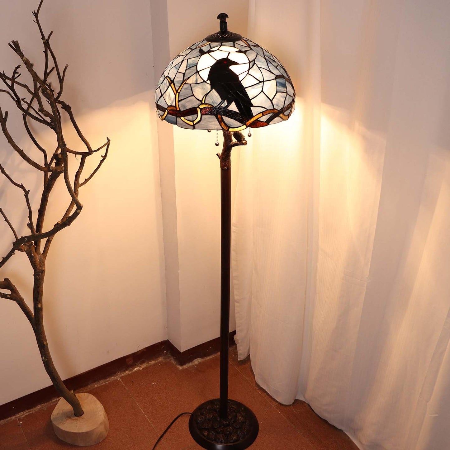 Bieye L12023 Tiffany Style Stained Glass Raven Floor Lamp Gothic Crow and Full Moon Design for Home Décor, 16Wx62H