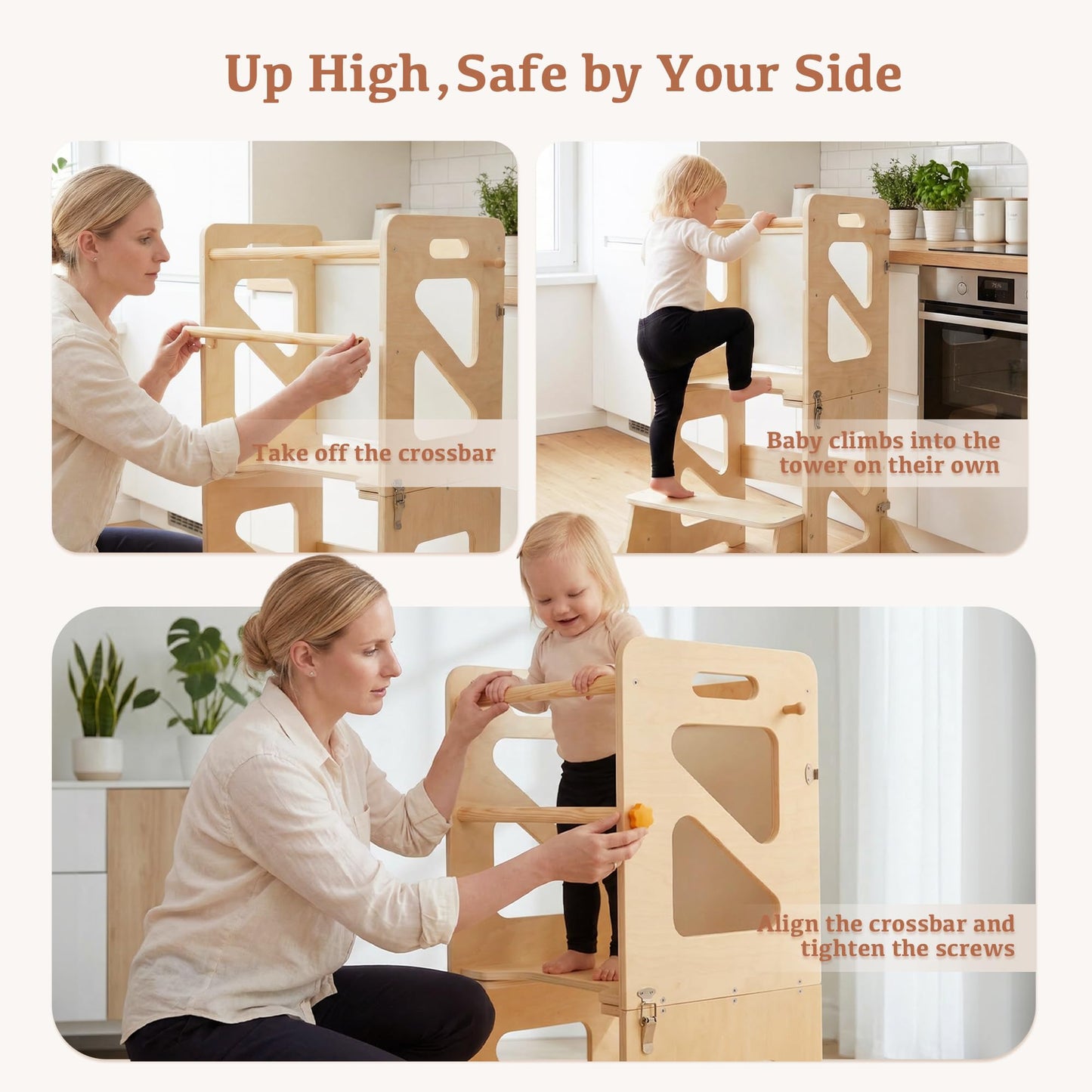 Toddler Kitchen Stool, 4 in 1 Foldable Toddler Tower with Anti-tip Structure, Montessori Learning Standing Tower for Kitchen Counter & Bathroom Sink, Kitchen Stool Helper for Kids 18M+