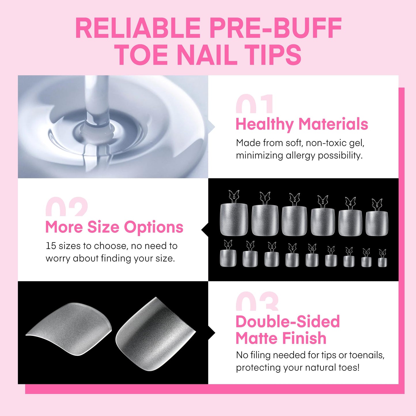 UNA GELLA Square Toe Nail Tips 216Pcs 15Sizes Full Cover Long Wider Toe Nail Tips Soft Gel Pre-etched Double Matte Fake Toe Nails Press Ons For Big Toe Nail Extensions Home DIY Nail Salon Soak Off