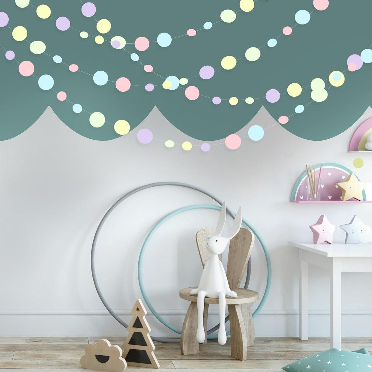 Pastel Party Decorations Blue Purple Pink Yellow Green Circle Dots Garland Hanging Paper Polka Dot Streamer for Birthday Baby Shower Wedding Bridal Shower Macaron Spring Easter Party Supplies