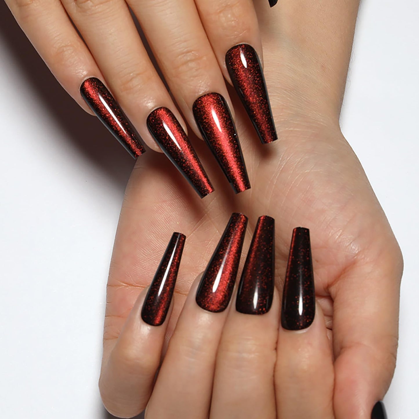 Handmade Press on Nails - Dark Red Fake Nails | Velvet Effect Design Acrylic Nails | Glossy,Glitter,Gradient Color,Reusable Long Nails | 12 Sizes - 24 Nail Kit with Jelly Glue