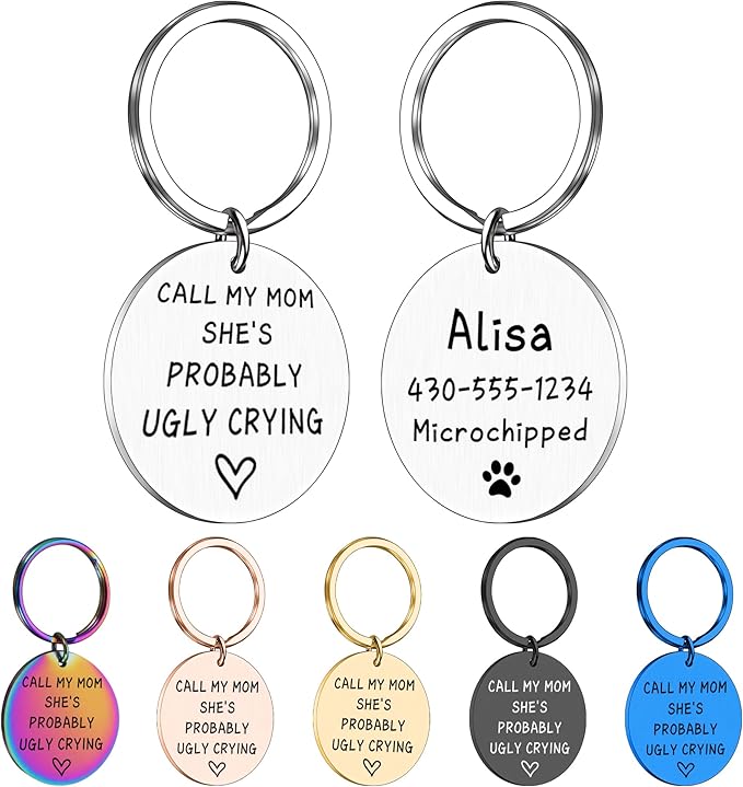 Kybkworm Funny Personalized Dog Tag, Customized Dog Collar with Name Tags Plate, Can You Call My Mom,Cute Pet Tag Keychain for Dogs Cats Owner, Pet Name Tags Double Sided Engraved (Type 3)