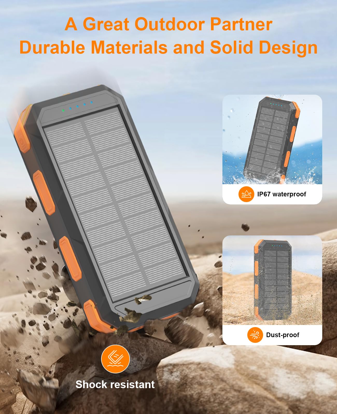 Solar Charger Power Bank 38800mAh, PD 22.5W USB-C Fast Charging Portable Charger with 4 Built-in Cables, External Battery Pack with Dual LED Emergency Flashlights for Camping, Hiking, Outdoor Use