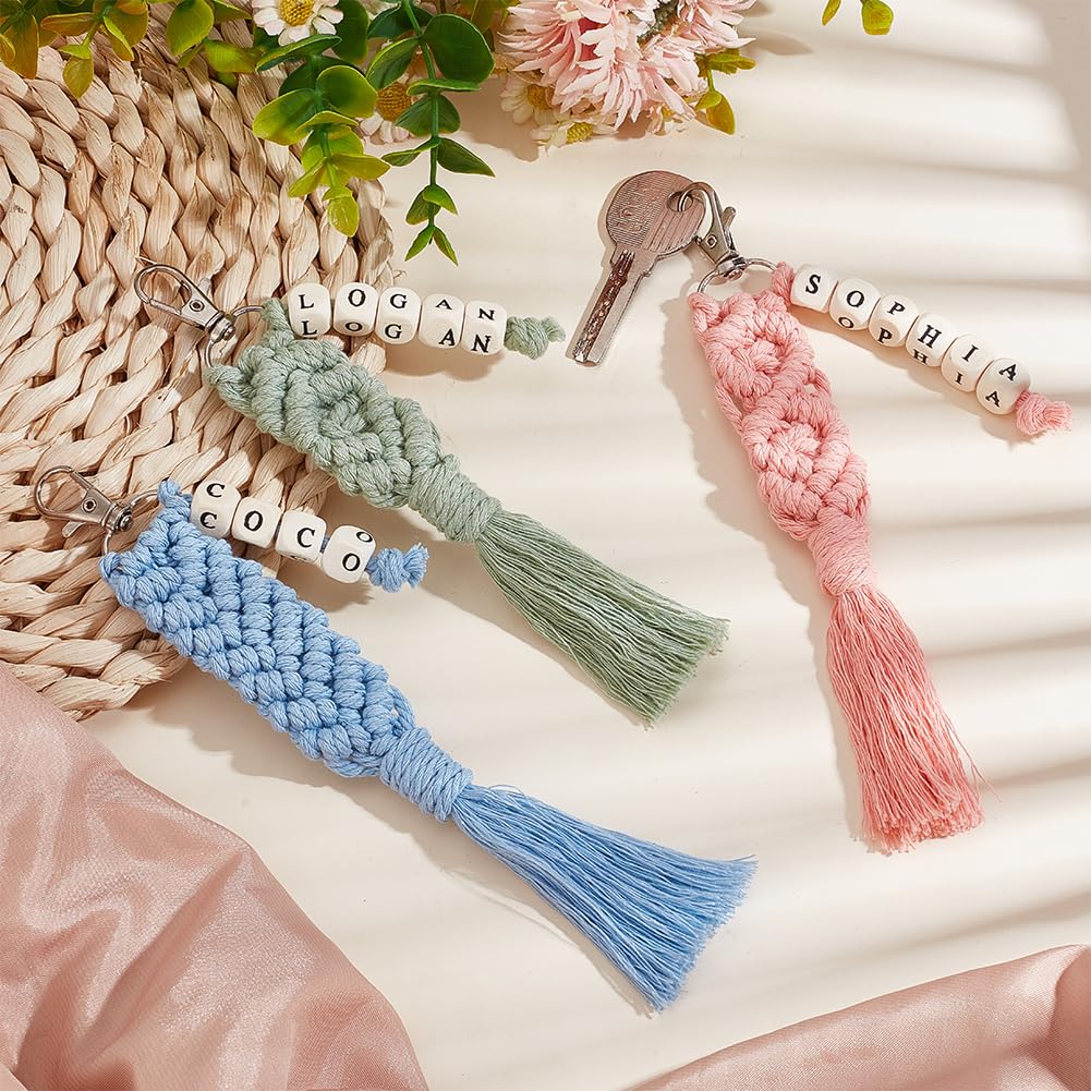 BEUNITONE DIY Macrame Cletter Keychains 6 Set Handmade Macrame Keychains for Beginners Boho Macrame Keychain Kit DIY Crafts Tassel Key Ring for Birthday Party with Instruction Keychain Making Kit