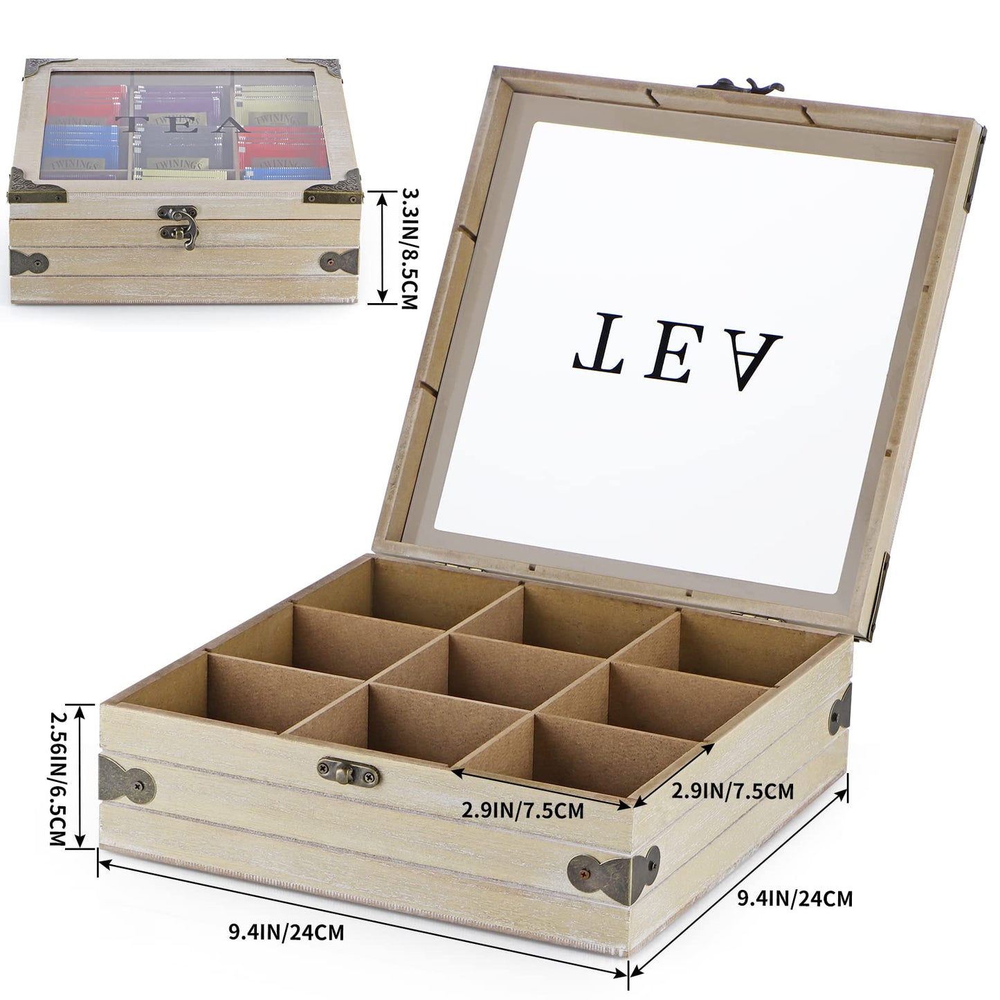 MOLIGOU Wood Tea Box Organizer, Tea Storage Chest with Glass Lid, 9 Compartments, Tea Bag Holder for Cabinet, Pantry