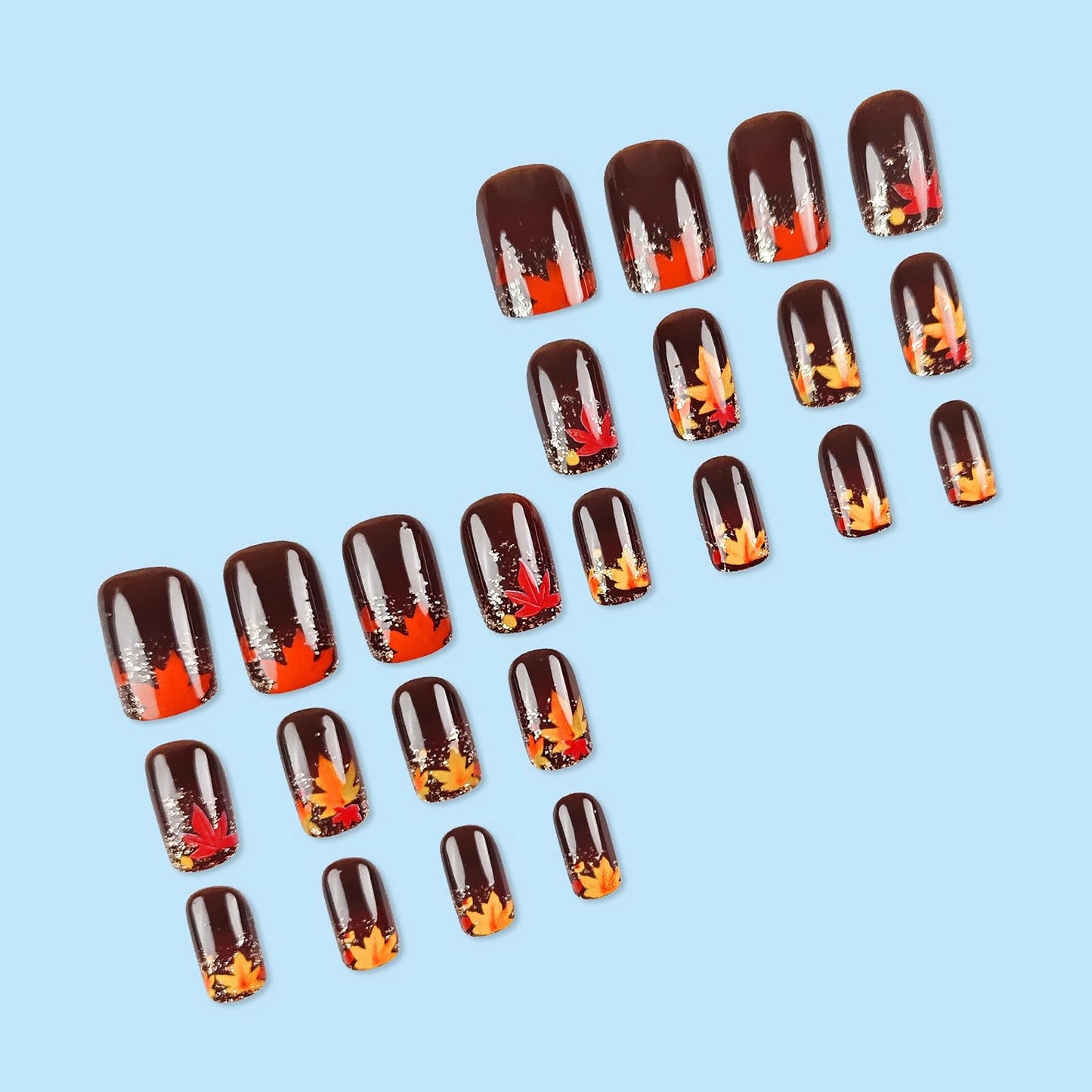 MISUD Press on Nails - Short Square Fake Nails with Fall Brown, Acrylic Autumn Maple Leaf Design 24 pcs
