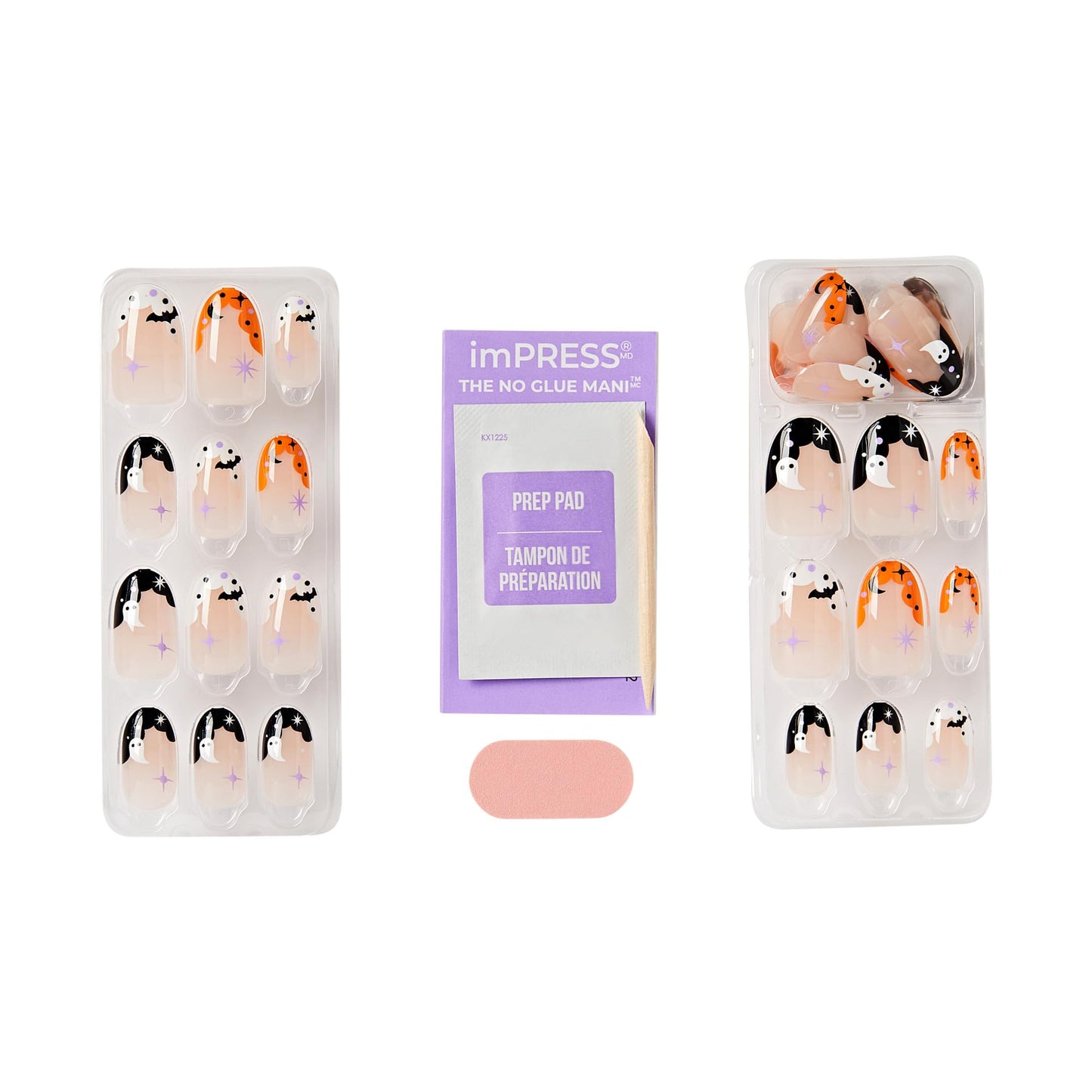 KISS imPRESS Halloween Press On Nails, ‘The Creeps’, Multicolored, Medium Oval, Glossy Finish, No Glue, Glow-In-The-Dark, Includes Prep Pad, Mini Nail File, Manicure Stick & 30 Fake Nails