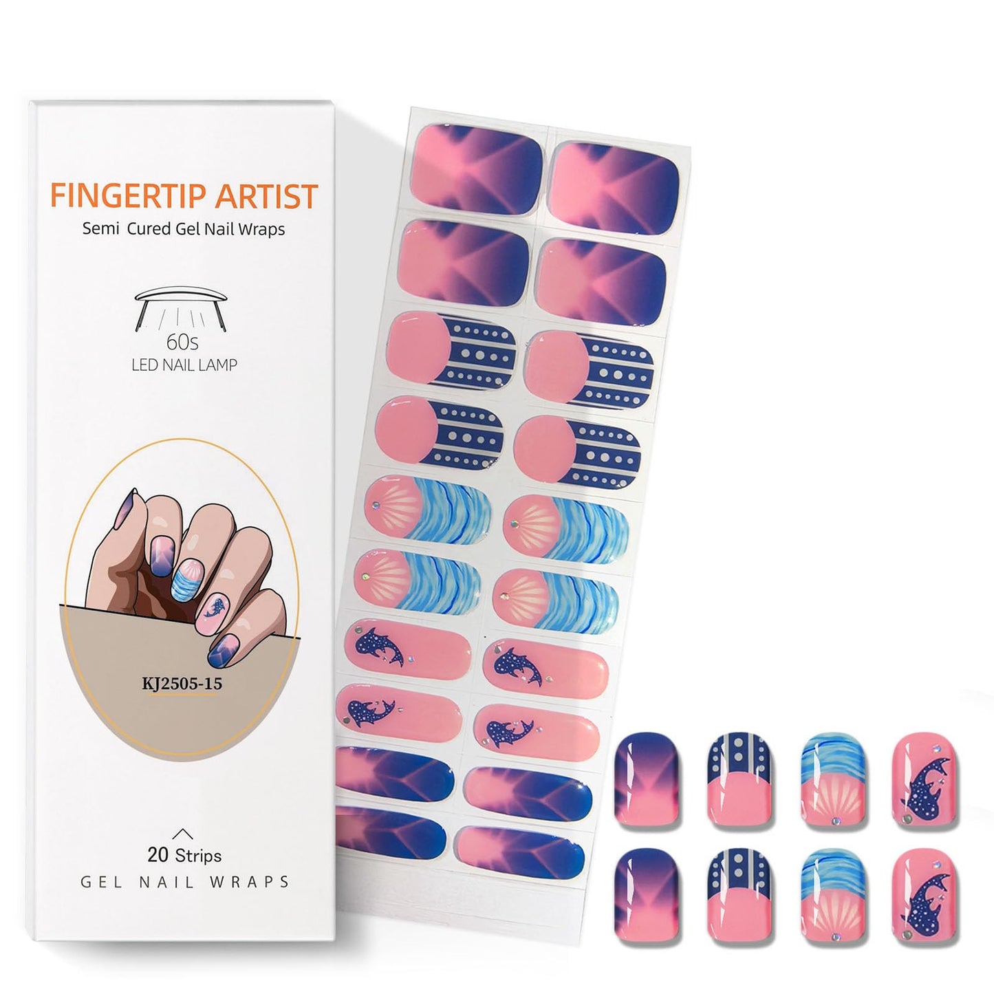 Semi Cured Gel Nail Strips with Shark Designs Gel Nail Stickers Blue Glossy French Tip Salon Quality & Easy to Use 20 Pcs for Women