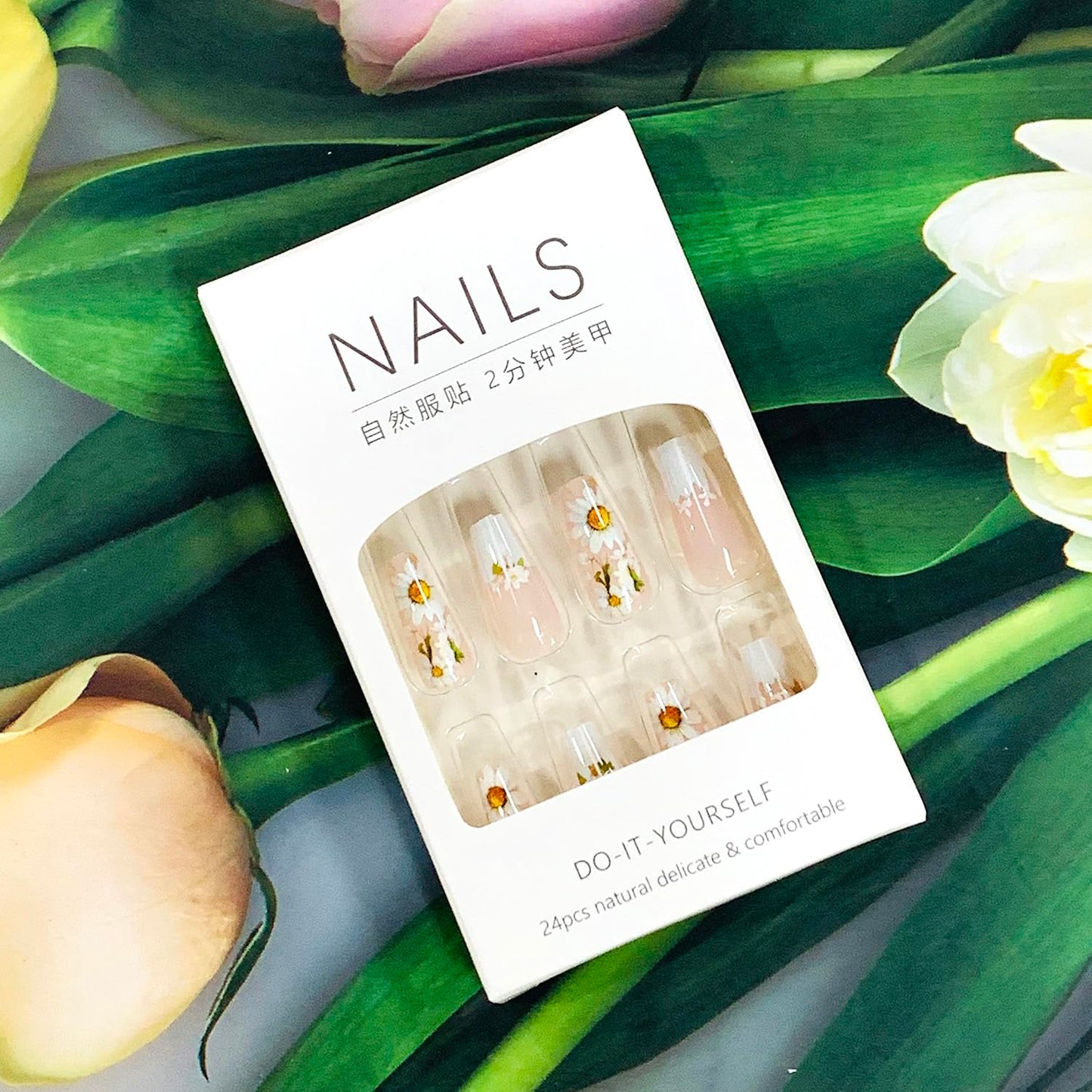 EYZOTSF Press on Nails Medium Square Shaped Acrylic Medium Square Shaped False Nails with Designs Artificial Short Coffin Fake Nails with Charms Glue ons Fingernails for Women Girls(CY1044)