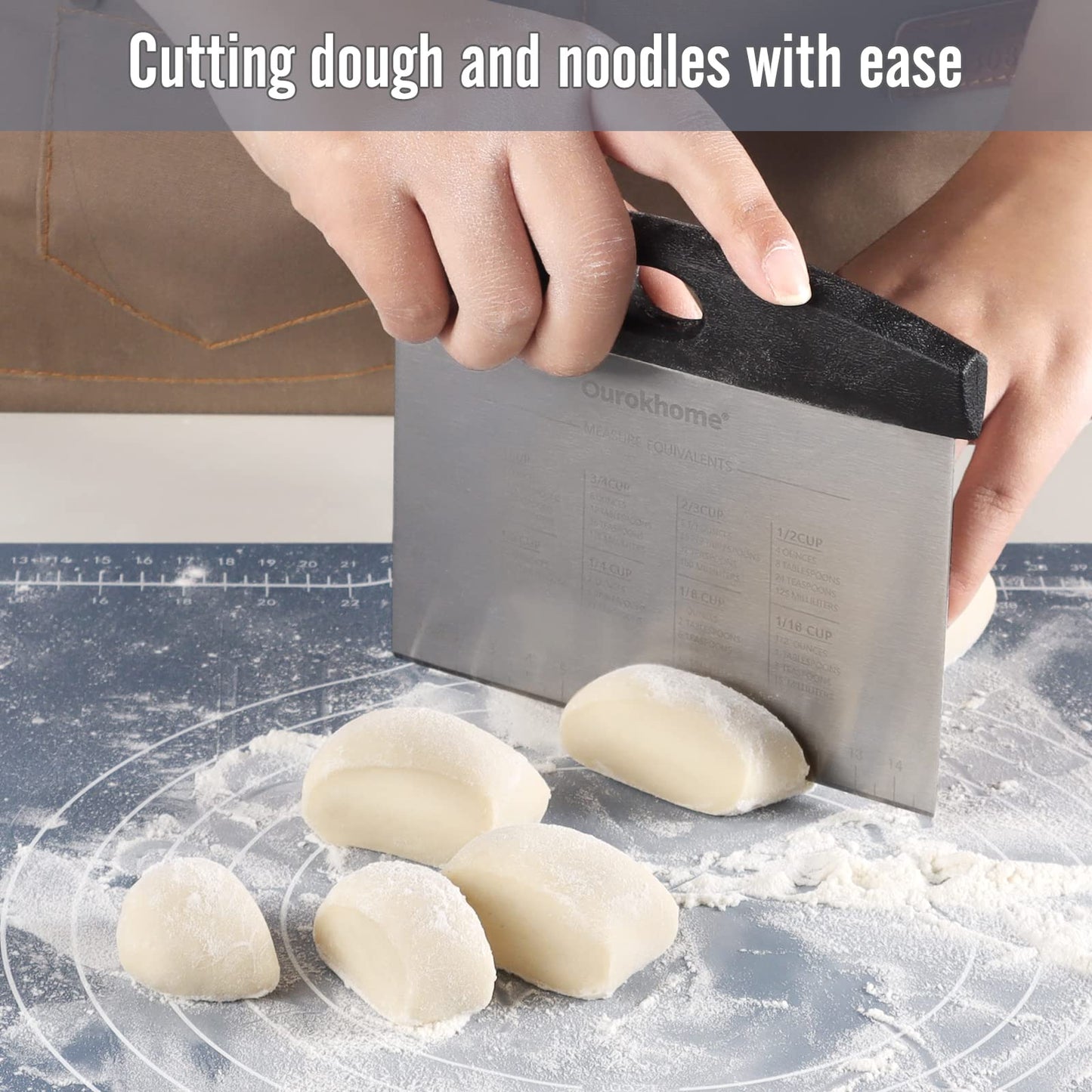 Ourokhome Pastry Dough Bench Scraper Knife and Hamburger Meat Chopper Stirrer Heat Resistant 5 Curved Blades, measurement markings and the conversion chart, Dishwasher Save
