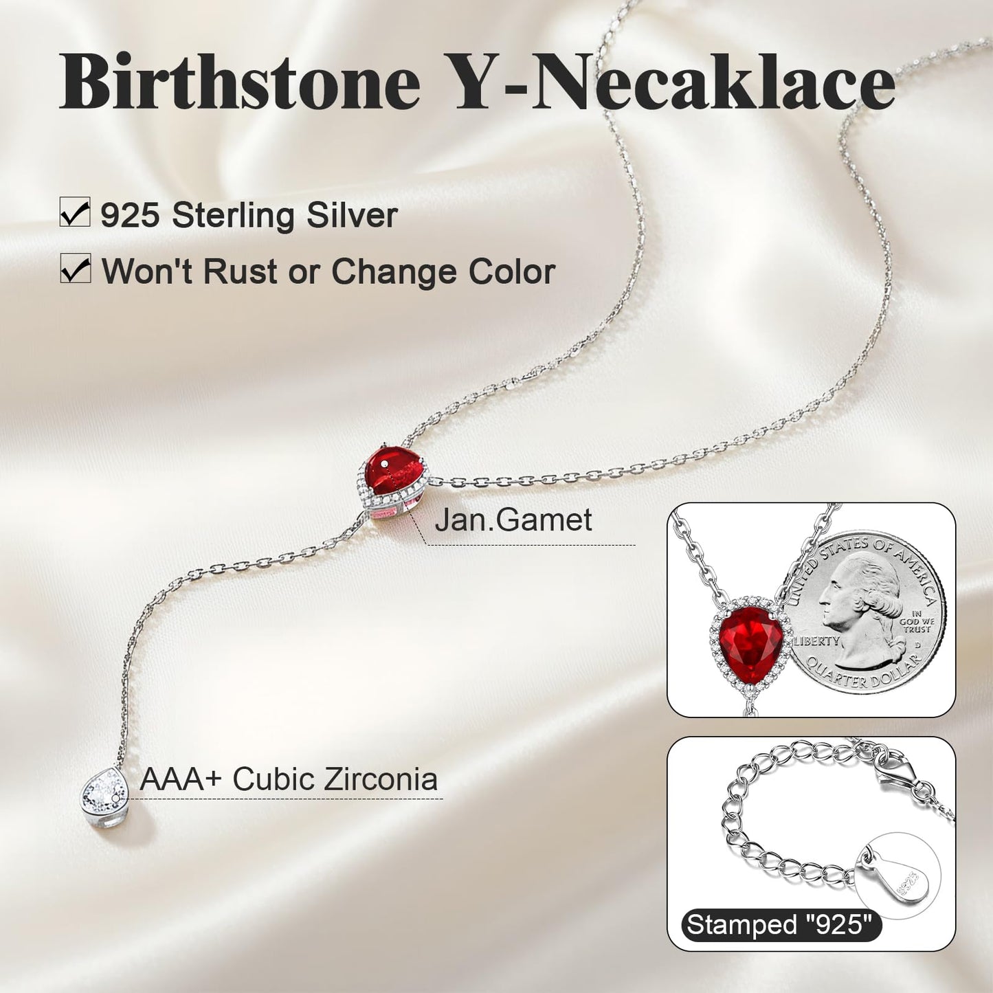 FOCALOOK 925 Sterling Silver CZ Teardrop Lariat Necklace 16"-18" Y Drop Adjustable Birthstone Necklaces for Women