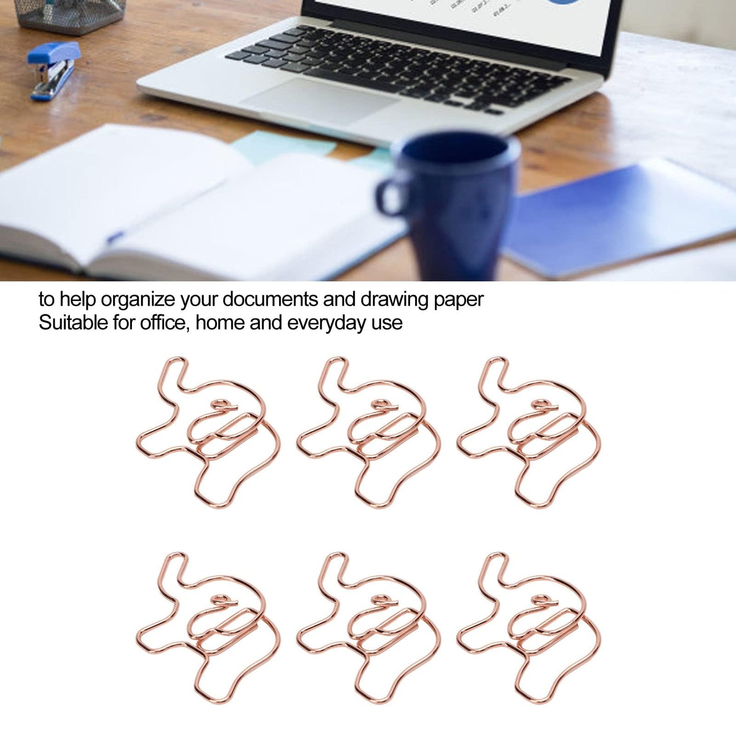 100PCS Rose Gold Cute Paper Clips, Smooth Steel Wire Paperclips Elephant Shaped Paper Clips Decorative Paperclips for Office School Supplies