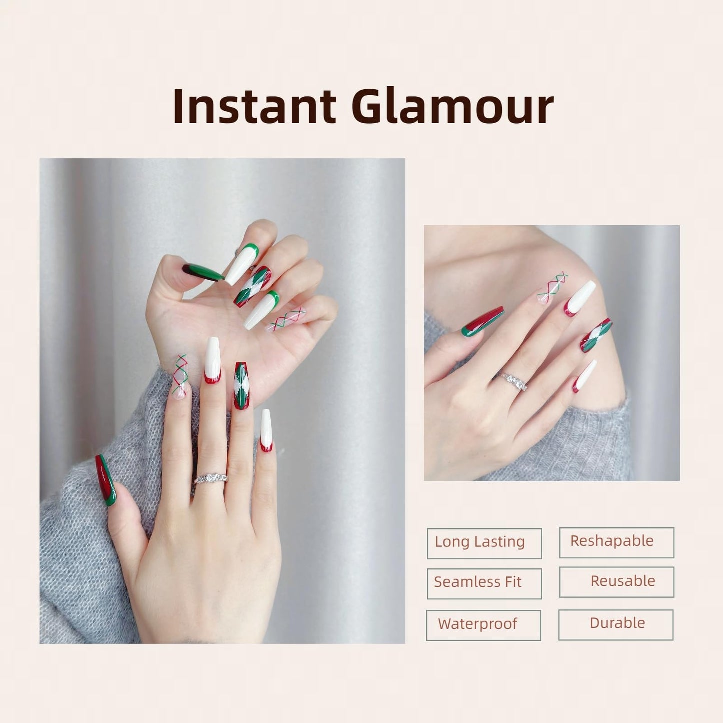 LARSOOY Nails Handmade Press on Nails Long Coffin | Handmade Nails with Christmas Theme | Reusable fake Nails with Unique Designs | False Nails 10 Pcs (Christmas Theme, M)