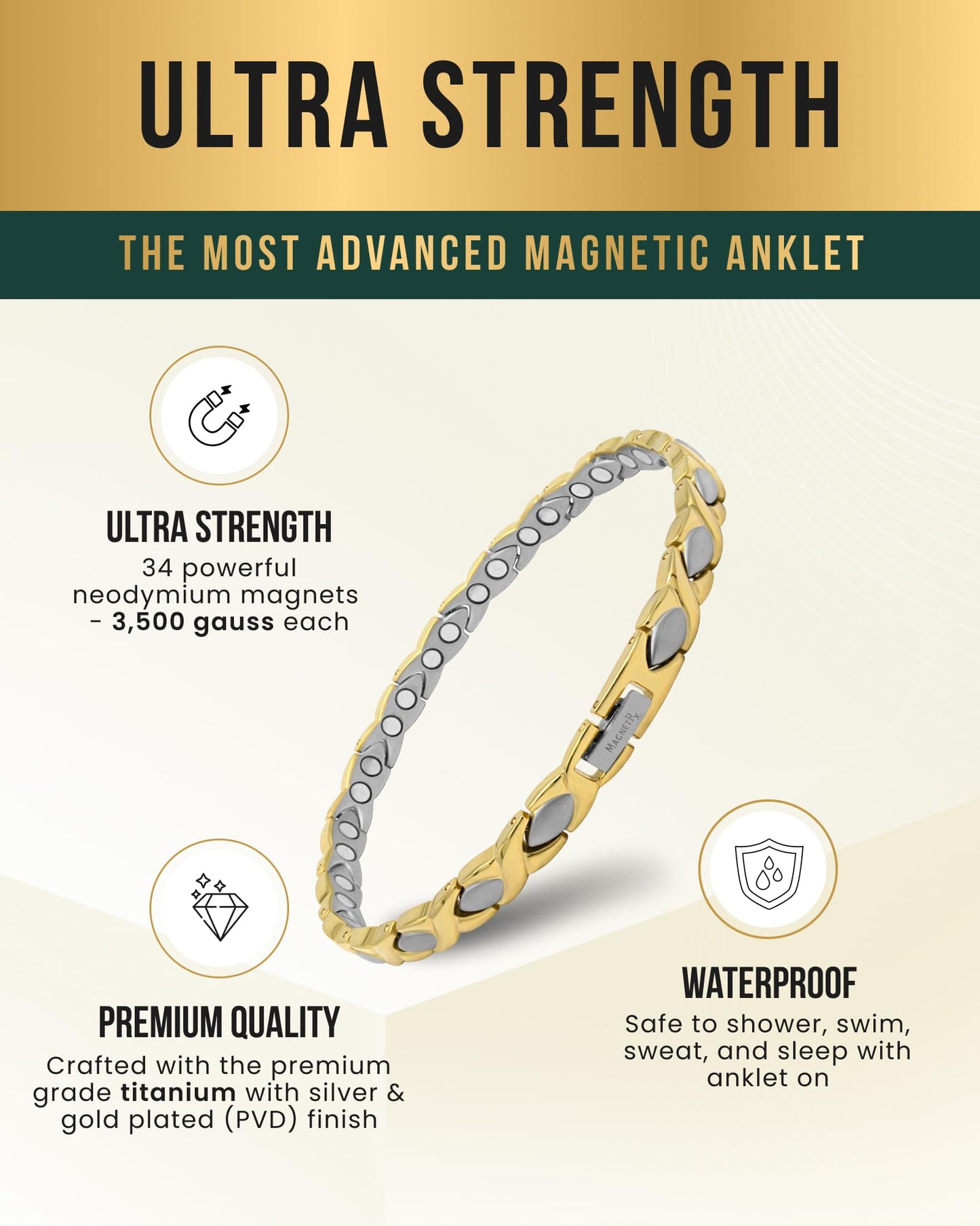 MagnetRX Titanium Magnetic Bracelet – Ultra Strength Magnets Anklet for Women (Silver & Gold)