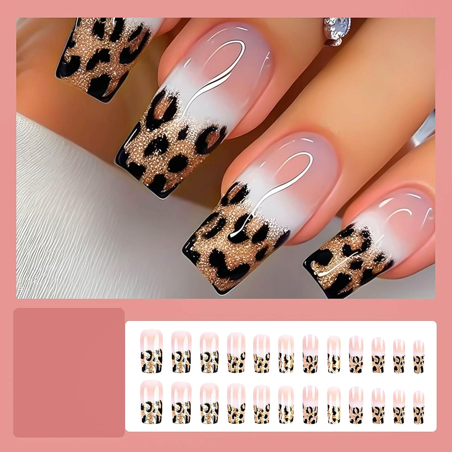 RUOKEXIN Medium Square Press on Nails French Tip Fake Nails Glitter Ombre False Nails with Leopard Designs Medium Nail Press ons Sparkly Artificial Nails Cute Stick on Nails for Women 24Pcs