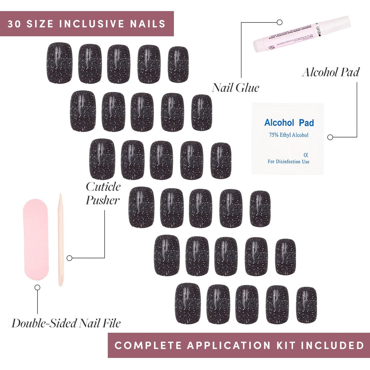 Glamnetic Press-On Nails Bundle - Cosmic, Cherry Glaze & Goal Digger | Sparkly Black Squoval Fake Nails | Glazed Almond False Nails | Natural Round False Nails with Gold Foil