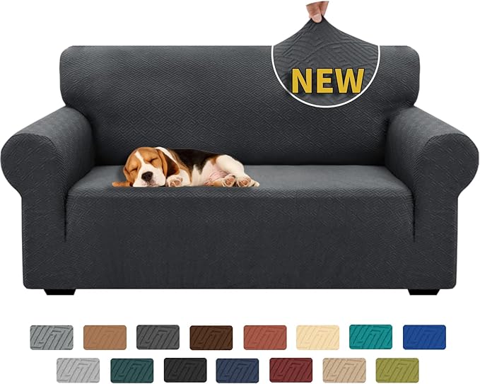 XINEAGE 2026 New 1 Piece Couch Covers for 2 Cushion (55"-69") Stretch Loveseat Sofa Cover Slipcover Jacquard Universal Furniture Protector with Elastic Bottom for Kids,Dog (Loveseat, Dark Gray)