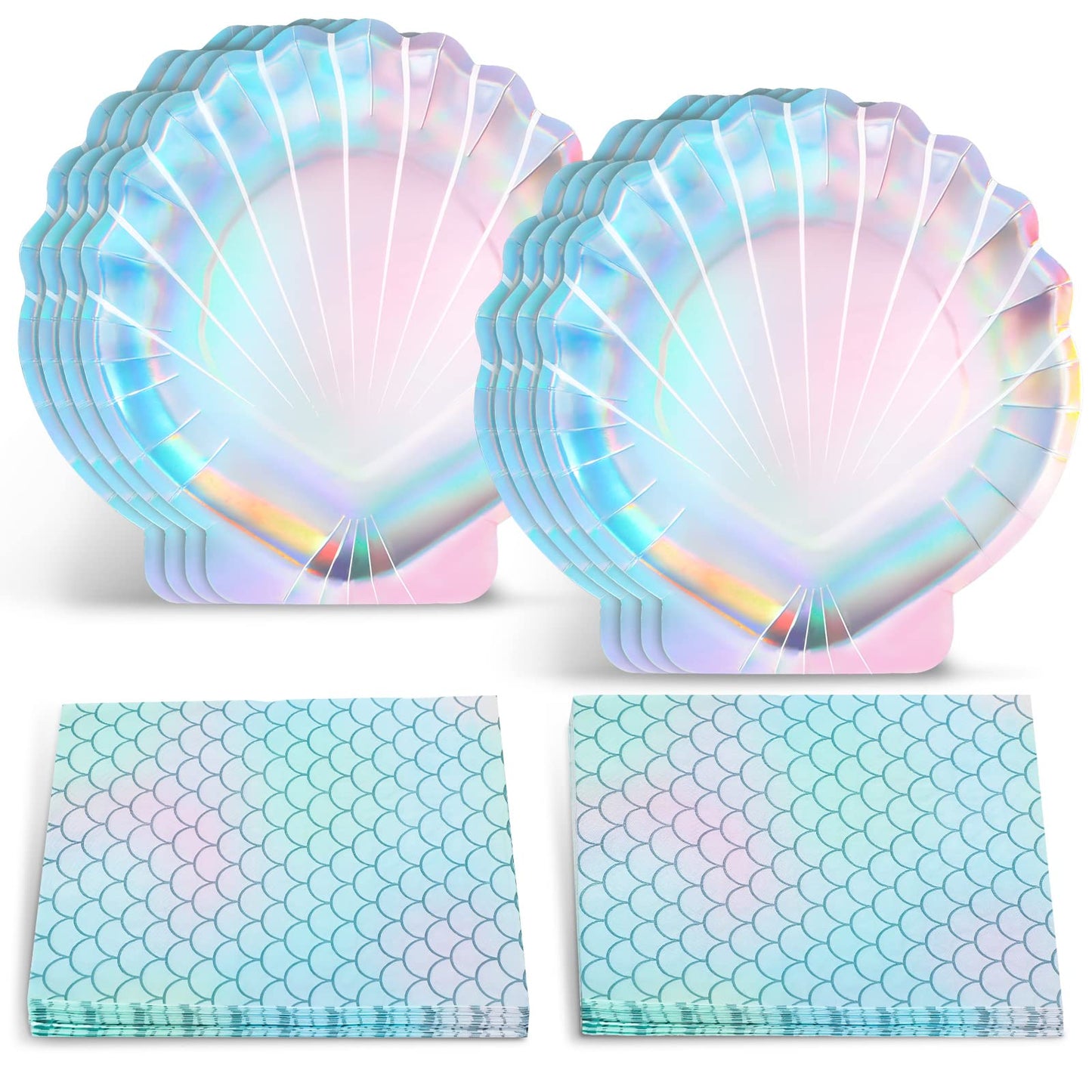 Gersoniel 40 Pcs Iridescent Mermaid Party Supplies Set, 20 Clam Shell Plates and 20 Scales Napkins Mermaid Party Decorations Disposable Paper Plates and Napkins Seashell for Birthday (Shell)