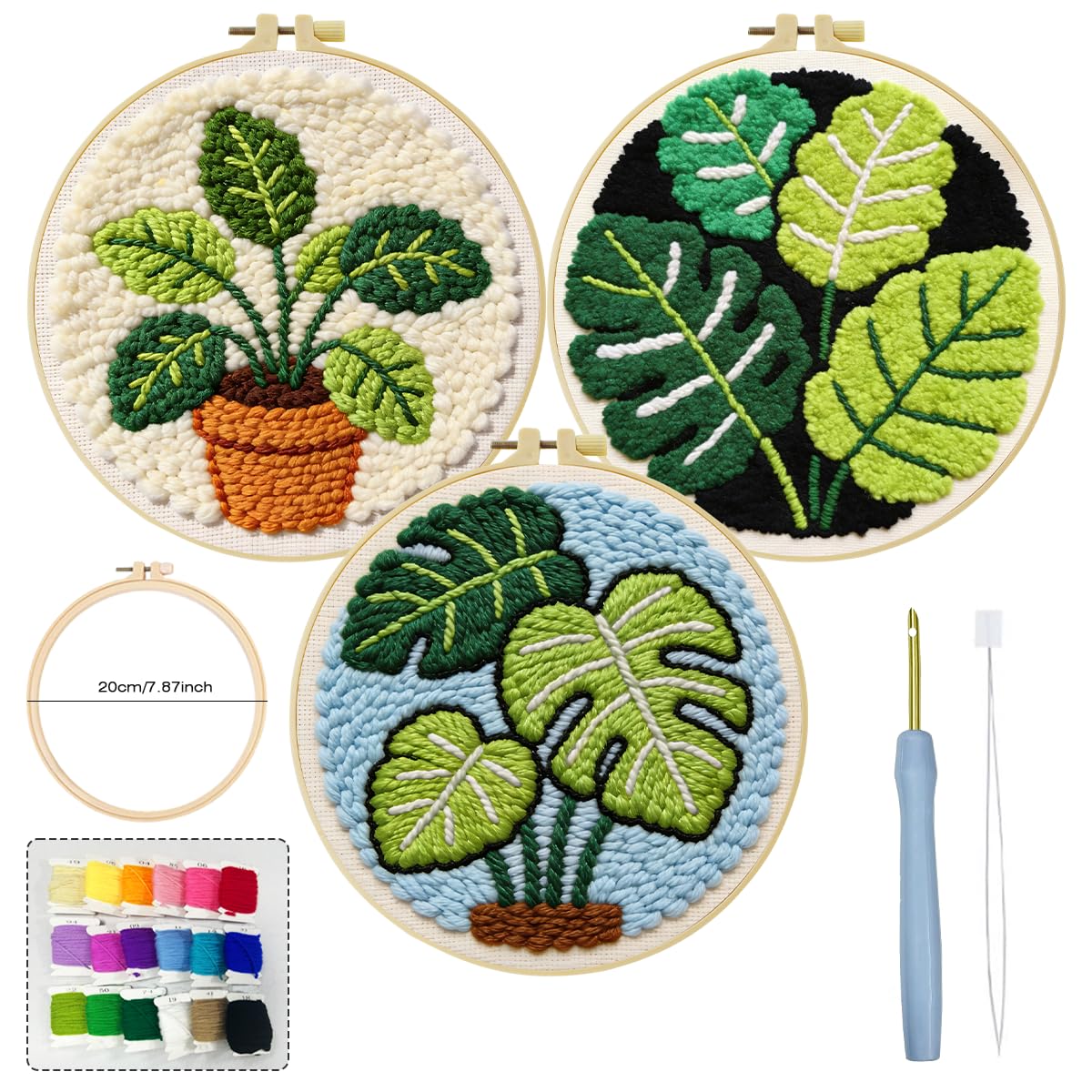 JOZYSH Green Plants of Various Shapes Punch Needle Kits for Beginner, DIY Punch Needle Kit Adults Beginner Include 3 Pre-Printed Fabrics, Embroidery Hoop, Threads, Craft Gifts and Decorations