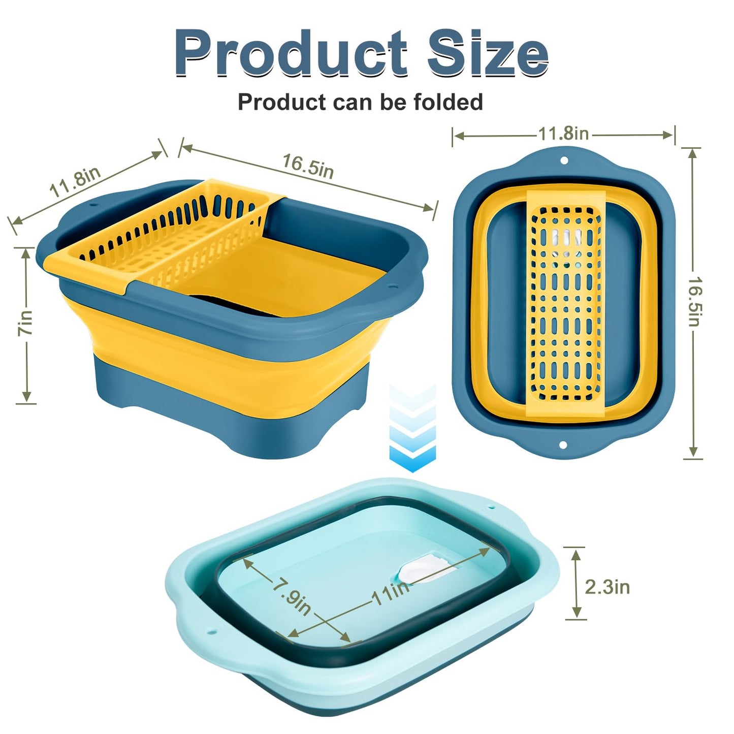 2Pack Collapsible Dish Basin with Drain Plug and Portable Sink, 11L(2.91 Gallon) Collapsible Bucket with Sink, Foldable Wash Basin for Station Campin/Camping/Rv/Kitchen (Green and Yellow)
