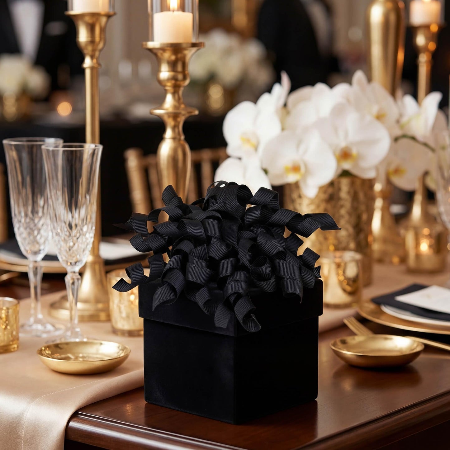 YKW Classic Black Curly Gift Bows for Wrapping - 6 Pack Large 4" Self Adhesive Grosgrain Ribbon Bows for Elegant Presents, Graduation, Birthday & Formal Gift Decorations
