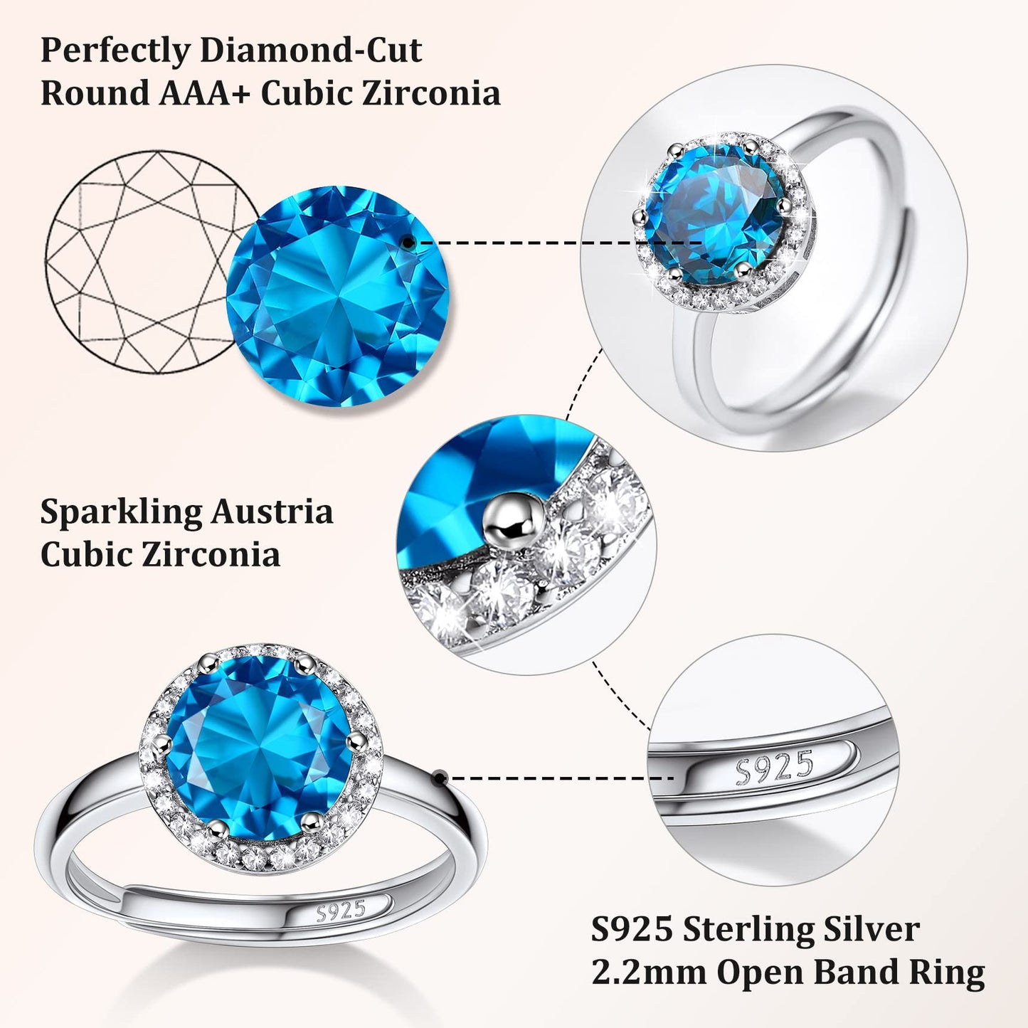 Bestyle CZ Round Diamond Rings 5mm December Blue Topaz Birthstone Solitaire Rings, 925 Sterling Silver Rings Jewelry Gift for Wedding Anniversary Birthday