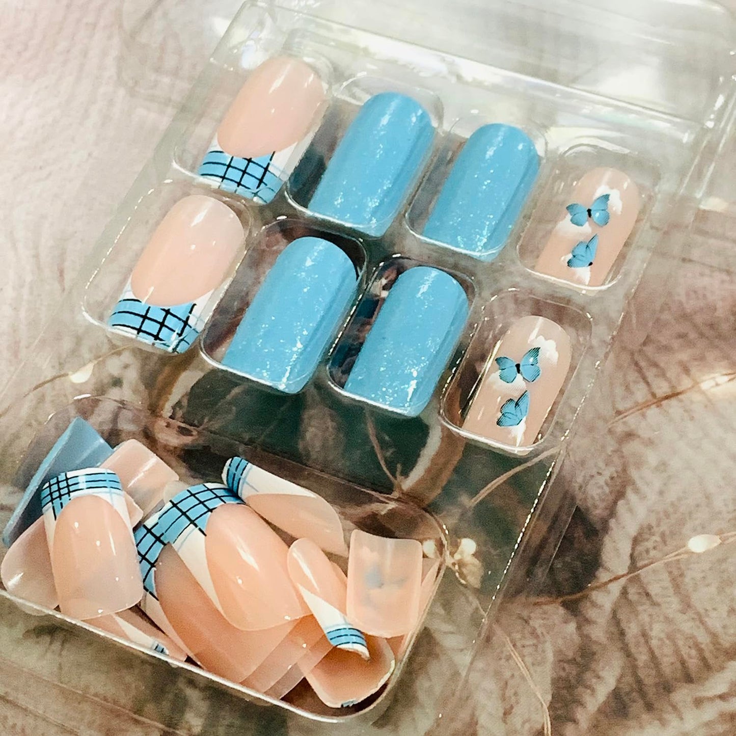 Vezocim French Tips Press on Nails Square Shapes 24Pcs Glossy Full Cover Medium Acrylic Blue Square False Nails with Butterfly Designs Artificial Coffin Fake Nails Glue ons Fingernails for Women