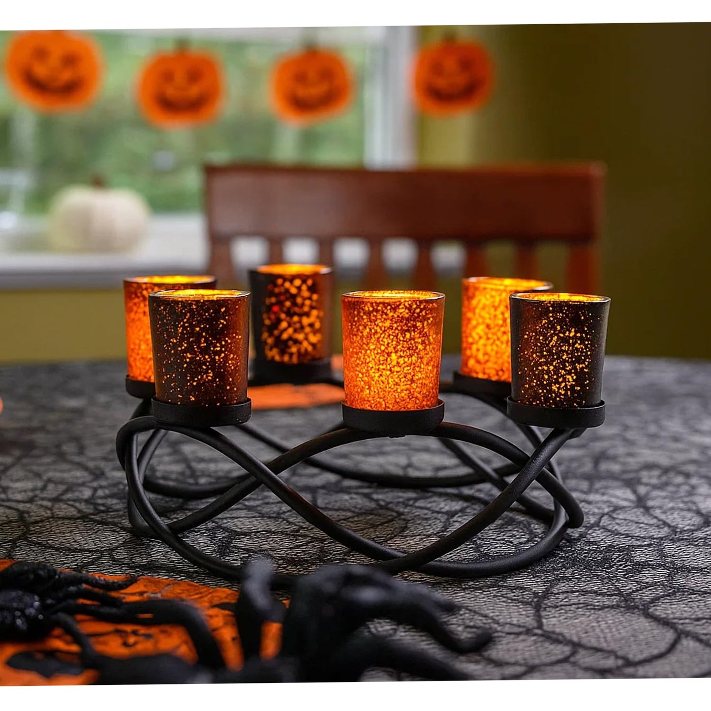 Seraphic Halloween Centerpiece Table Decor Candle Holder for Kitchen, Dining Room, and Coffee Tables, Glass Votive Tealight Holders, Black, 6 Black/Orange Cups