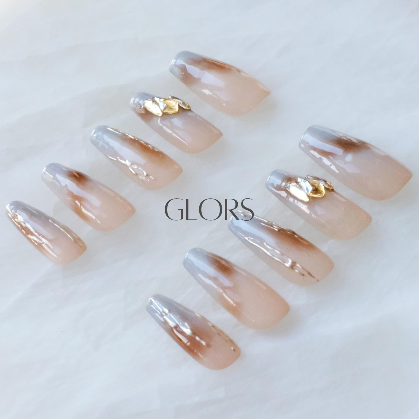 GLORS Ombre Press On Nails, Long Ballerina Style, Nude to Gray with Gold Accent, Handmade False Nail 10 Pieces (Small,LB)