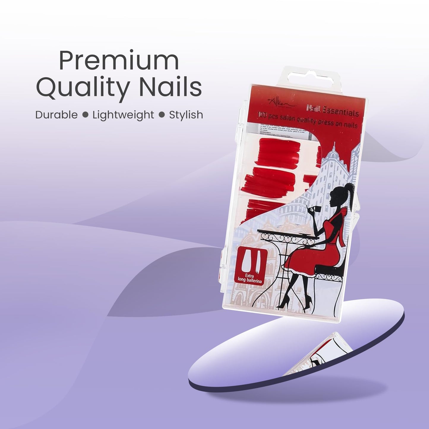 Allkem Press On Nails - Hot Red Glossy Extra Long Ballerina Multipack | 10 sizes - 100 pcs False Nails Full Cover Nail Kit with Glue