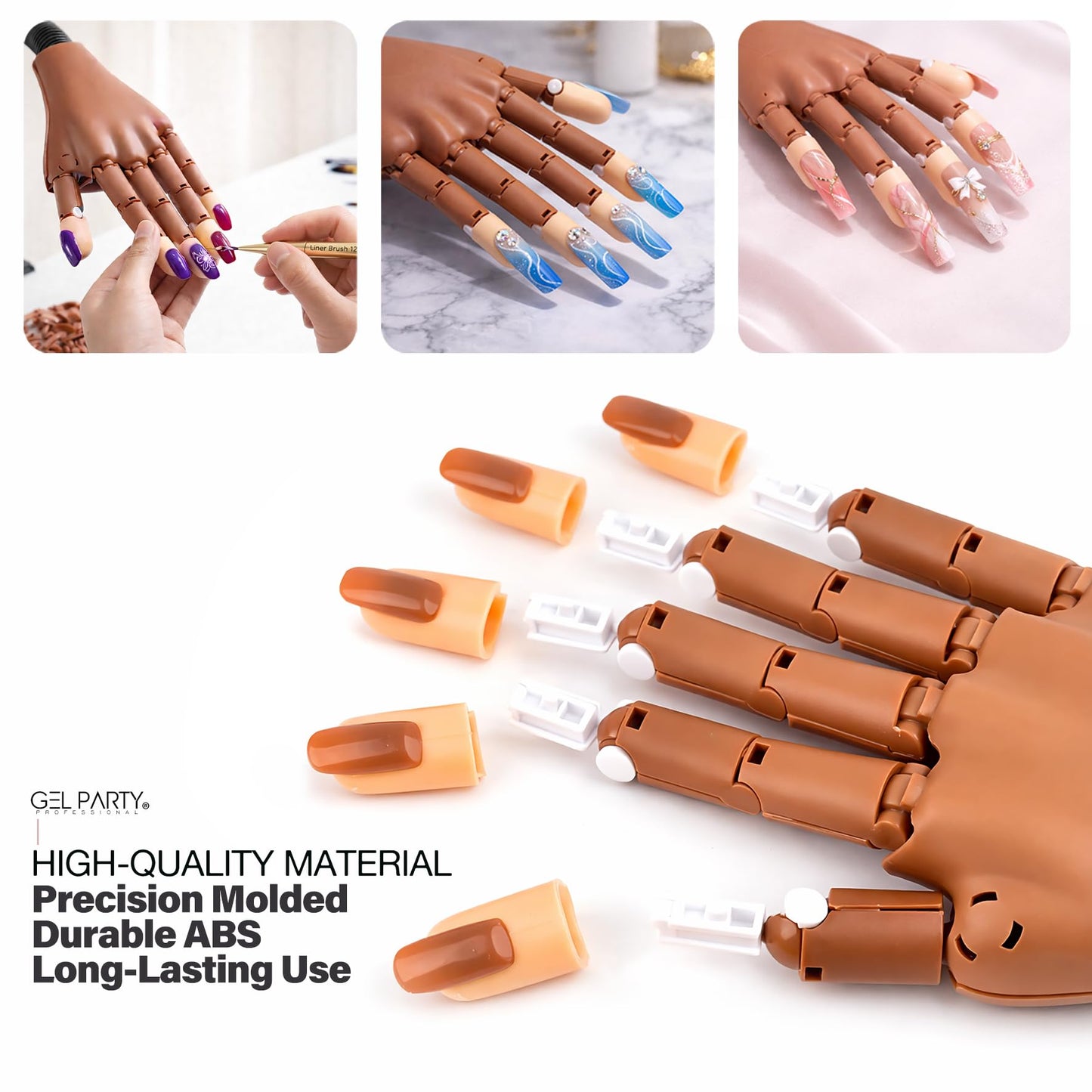 GELPARTY Flexible Nail Practice Hand with Table Clamp – Professional Manicure Training Hand for Acrylic & Gel Nails – Includes 100pcs Replacement Brown Tips, Adjustable & Reusable (Basic Hand Set B)