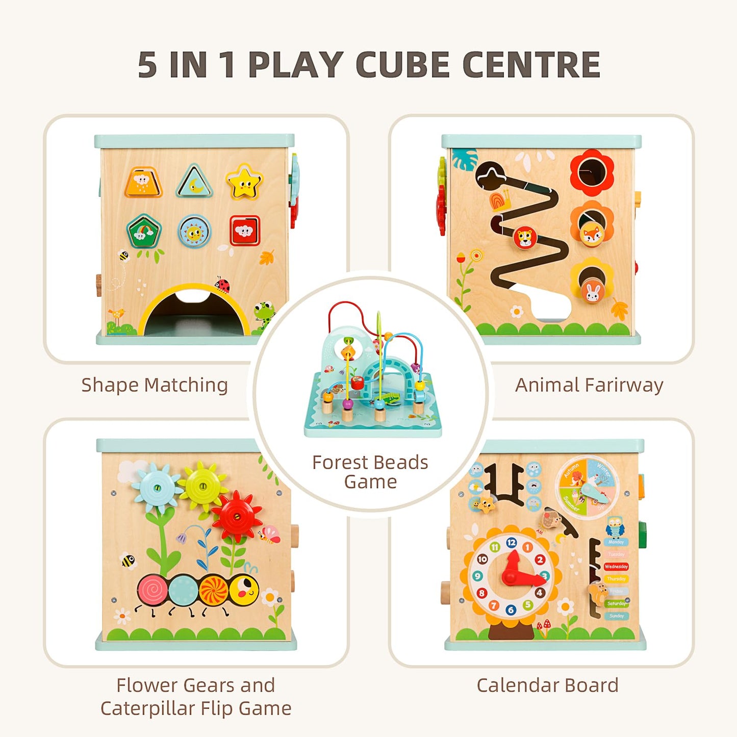 OOOK All-in-one Activity Center, 5 in 1 Baby Activity Table with Gear Game, Kids Sensory Table Play Cube with Montessori Calendar, Bead Maze, Shape Sorter, Ball Drop and More