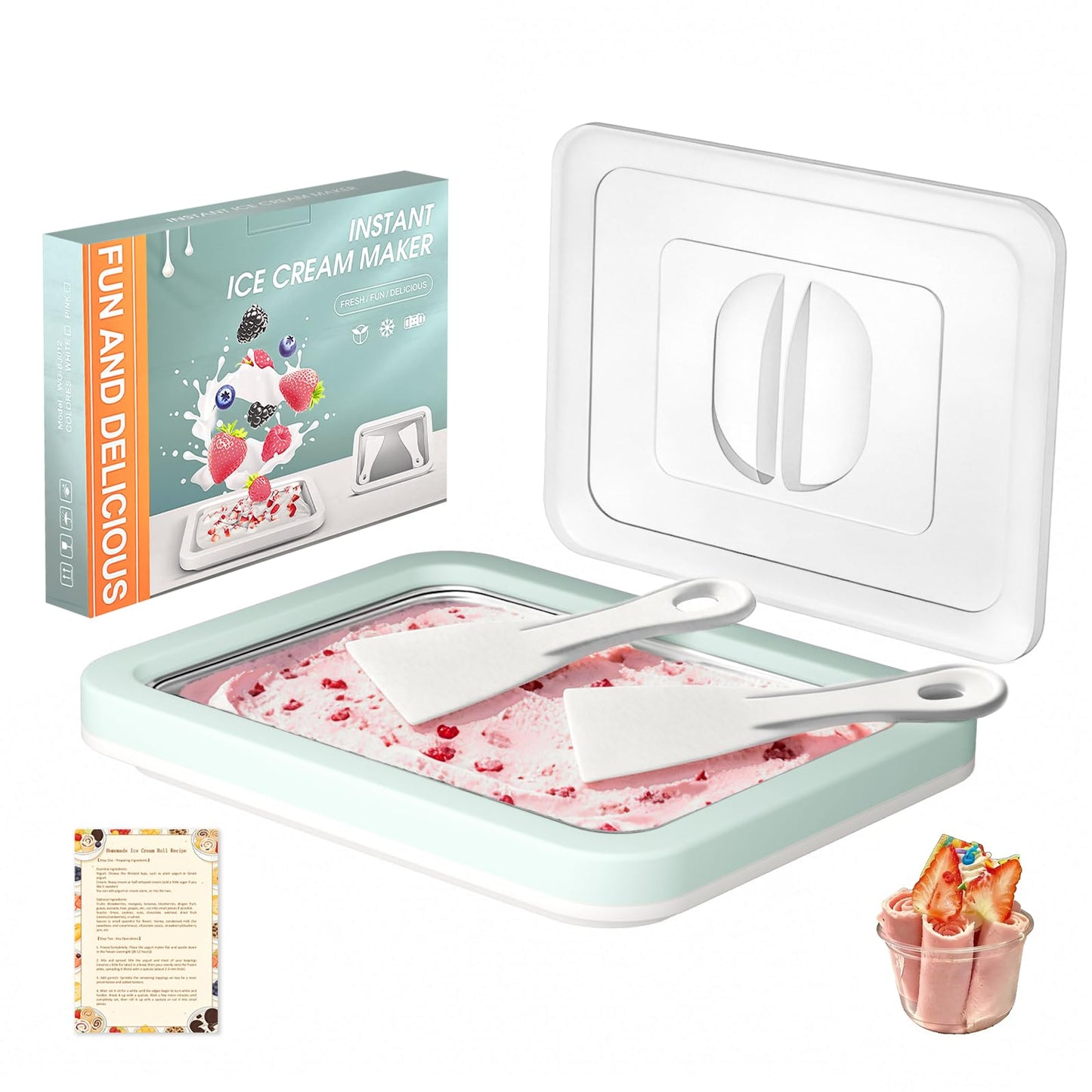 Rolled Ice Cream Maker Kit with Lid, 2 Spatulas & Recipe Guide - Instant Freeze Tray for Homemade Roller Ice Cream, Fun Family Activities (Green)