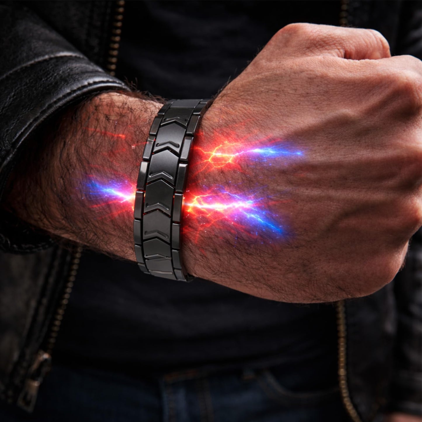 KYOSI Magnetic Bracelets for Men 5 Elements, Wide Stainless Steel Bracelet Link Adjustable, Magnet Bracelet Mens Gift (Black)
