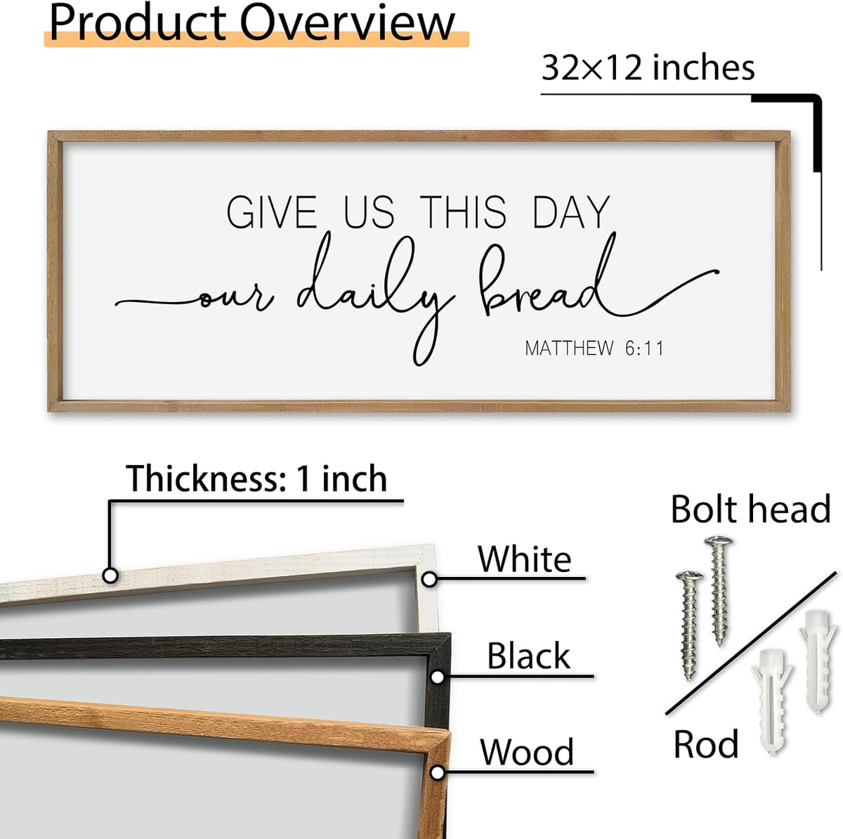 SRSZHIYUE Give Us This Day Our Daily Bread Sign Wall Decor Art 32"×12" Matthew 6:11 Dining Room Kitchen Large Wood Framed Wall Hanging (Wood)