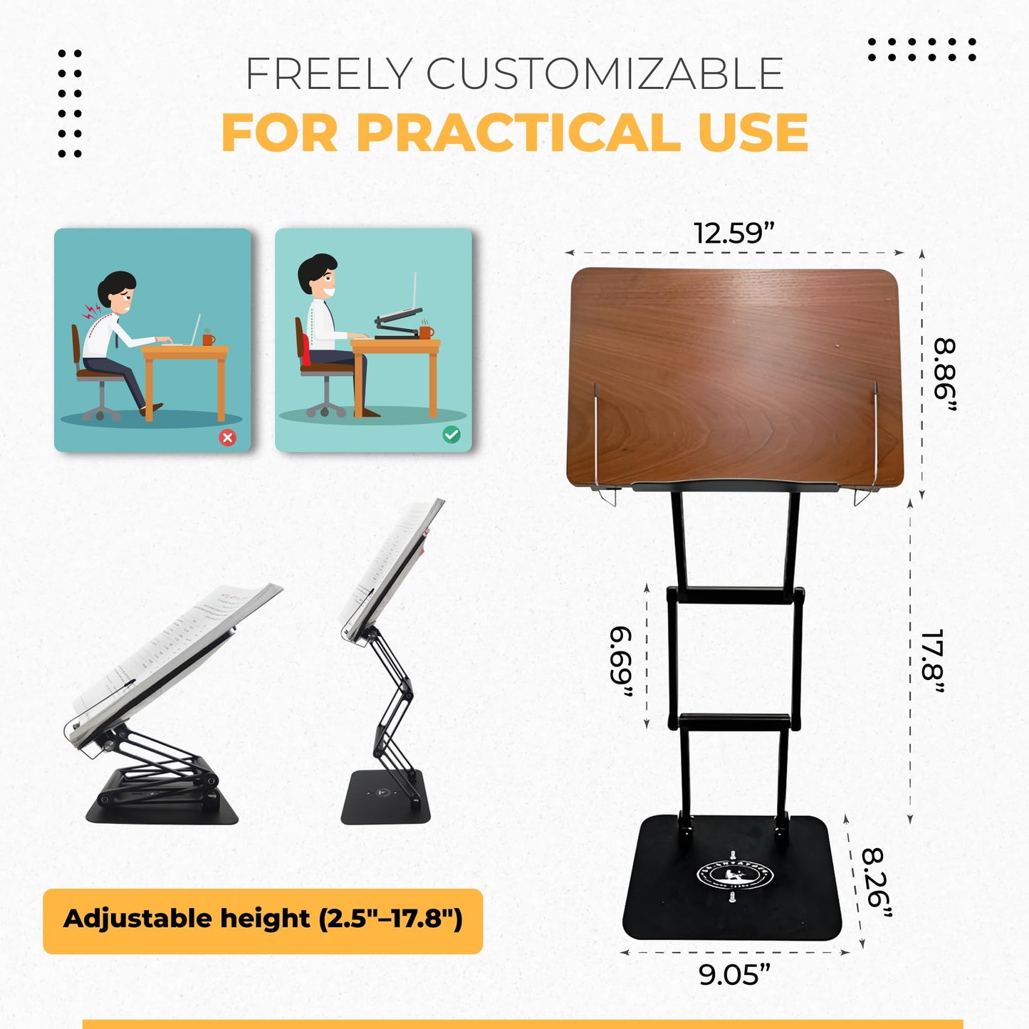Dr. Shtaygen Foldable Book Stand for Reading – Adjustable Book Holder Height Up to 17.8″, Reading Stand with 13″ × 8.7″ Platform – Lightweight 3.3 lb Portability