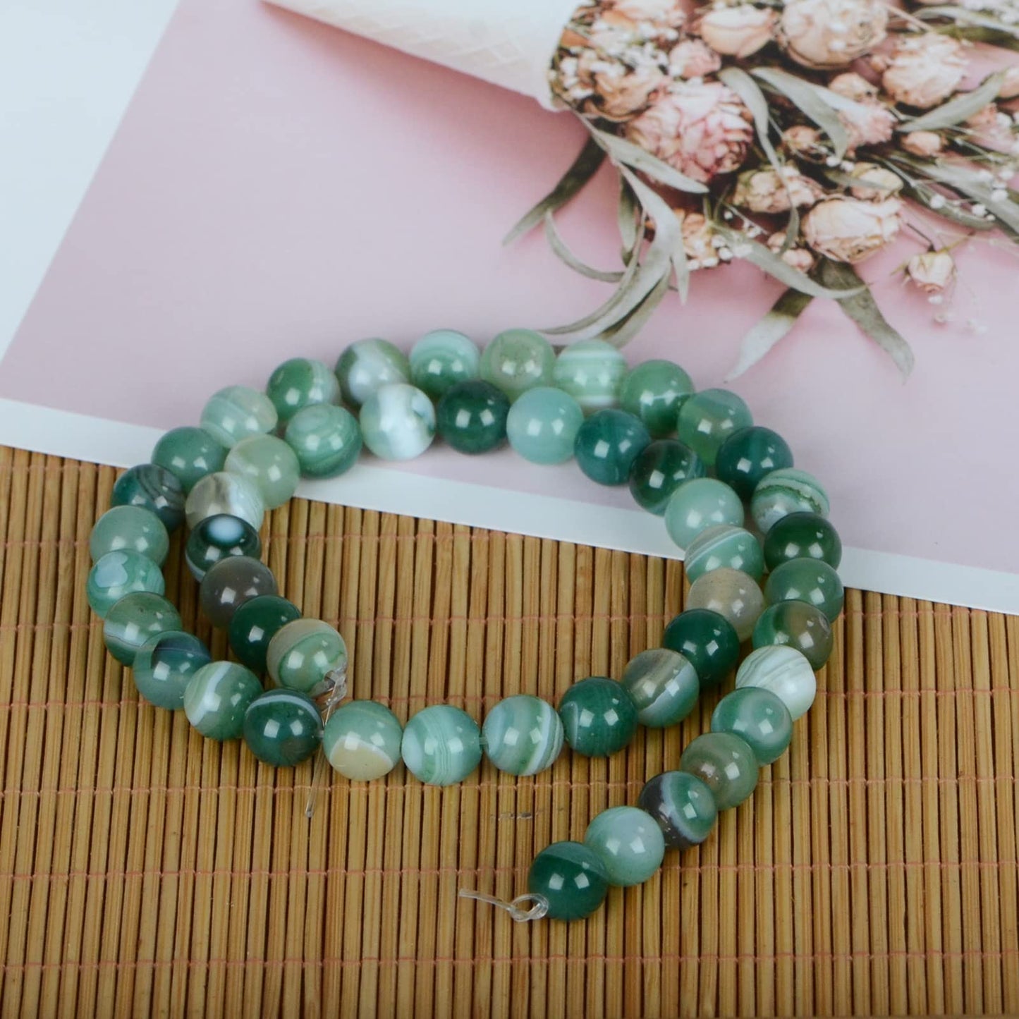 ICAI Beads（Green Striped Agate） Natural Stone Gemstone Round Loose Beads Crystal Energy Stone Healing Power for Jewelry Making DIY,1 Strand 35-37pcs（10mm）
