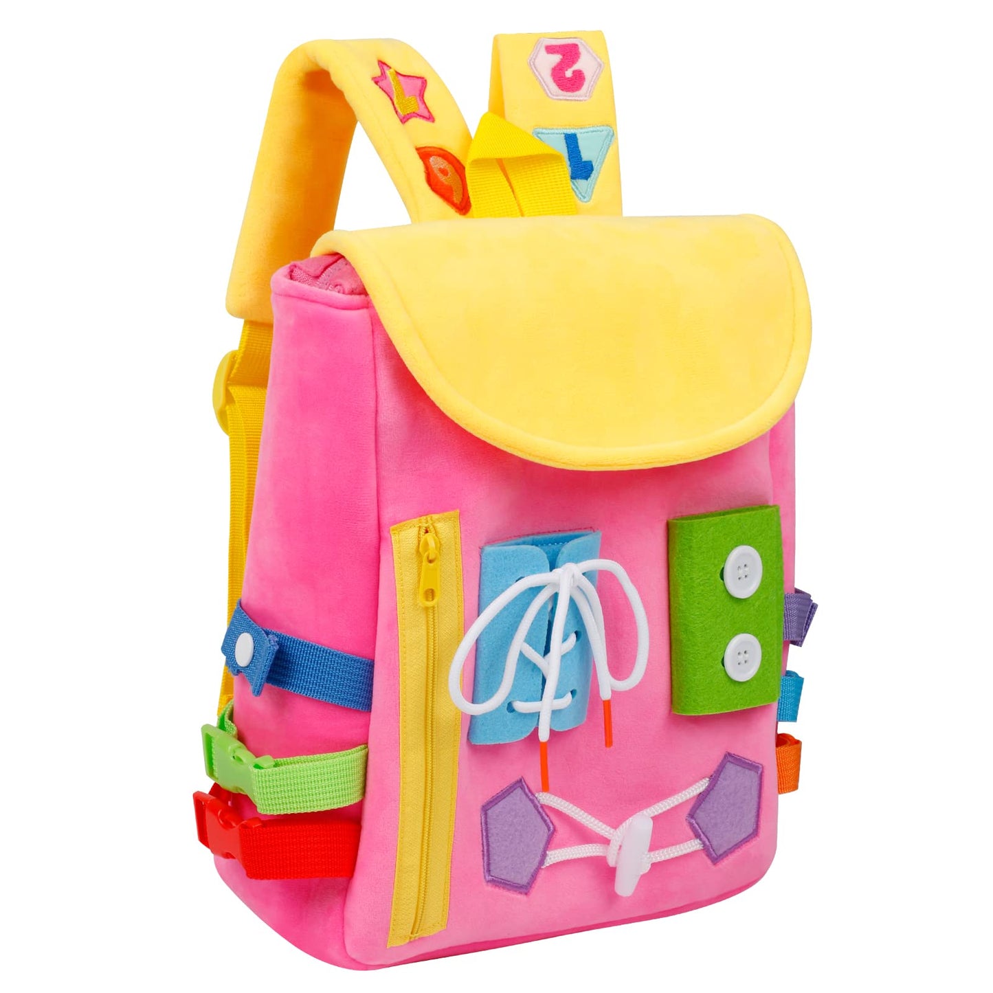 Busy Board - Toddler Backpack with Buckles and Learning Activity Toys - Develop Fine Motor Skills and Basic Life Skills - Learn to Tie Shoes - Children's Travel Toy (Pink)