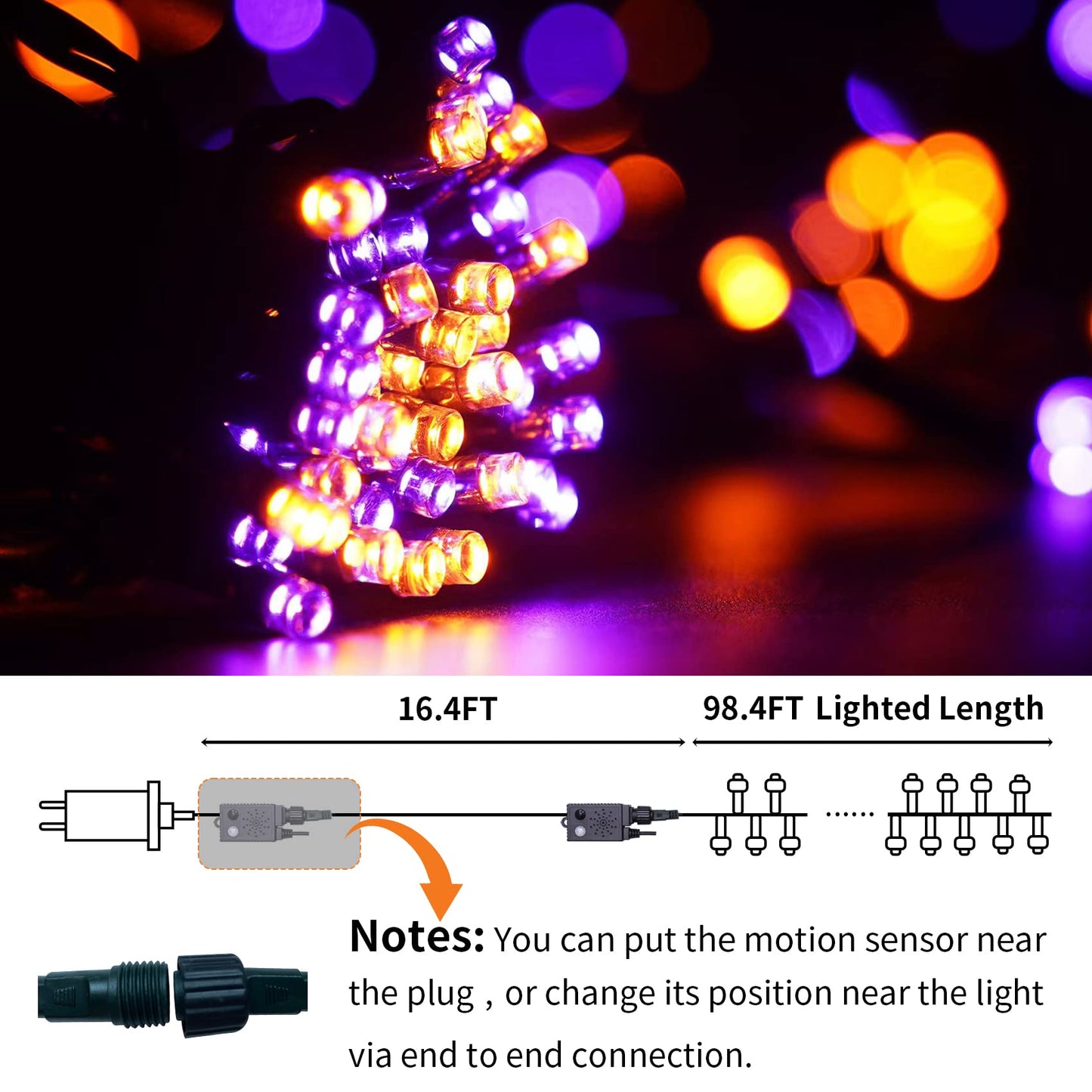 Rotu Halloween String Lights Outdoor with Music Sync Spooky Sounds 300 LED 114.8ft Indoor Fairy String Lights Waterproof Function for Halloween Party Haunted House Decorations (Purple & Orange)